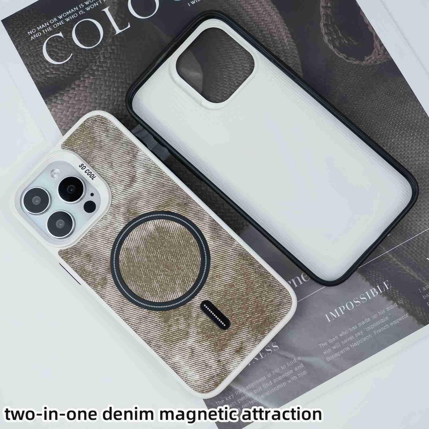 Für Apple iPhone 15 Pro Max MagSafe Contrast Color Denim Magnetisch Schutz Hülle Cover Case Braun / Grau