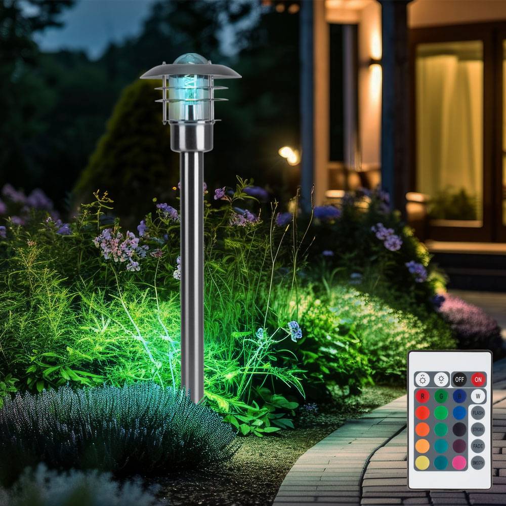 Stehleuchte Außenleuchte Garten Wegeleuchte Laterne Stehlampe, Fernbedienung dimmbar, Edelstahl, RGB LED 8,5W 806Lm, LxBxH 22x22x80 cm