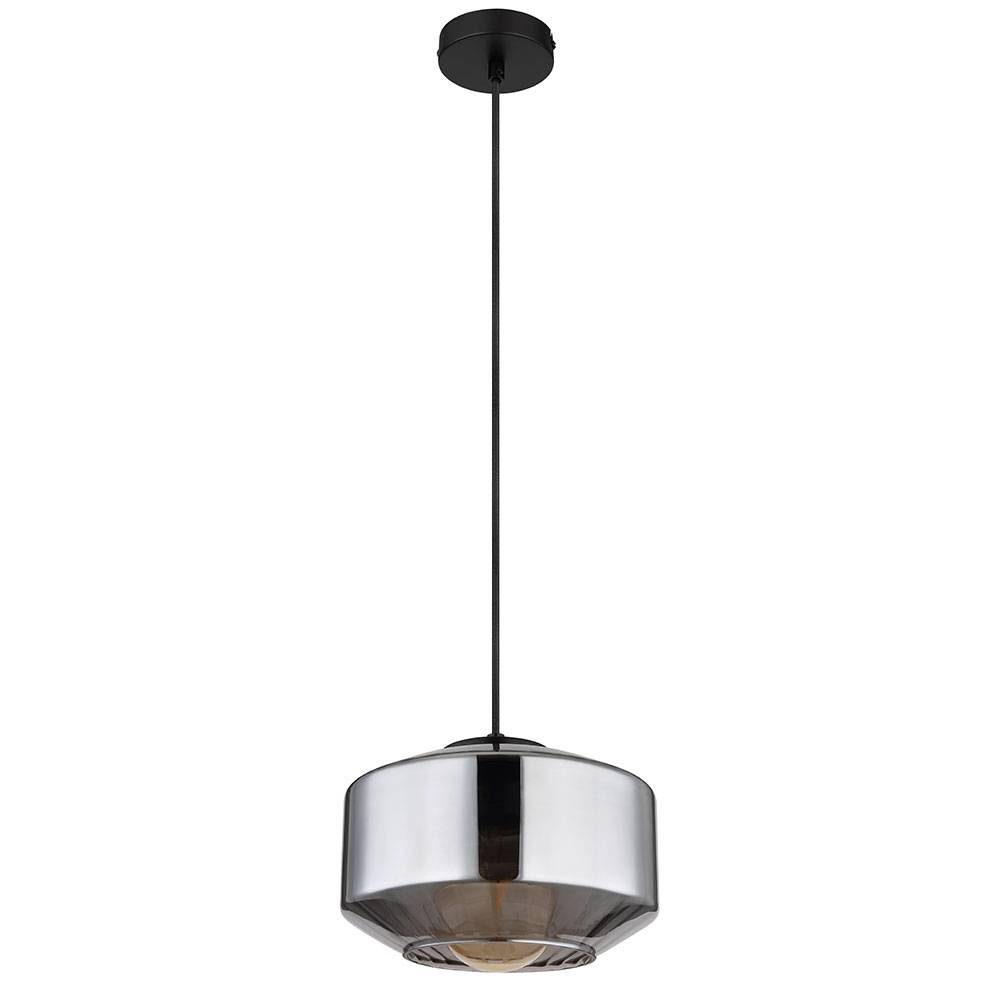 Hängelampe Pendelleuchte Esszimmerlampe, Modernes Pendel mit Glasschirm rauchfarben, Bauchig, Metall, schwarz matt, 1x E27 Fassung, DxH 24x120 cm