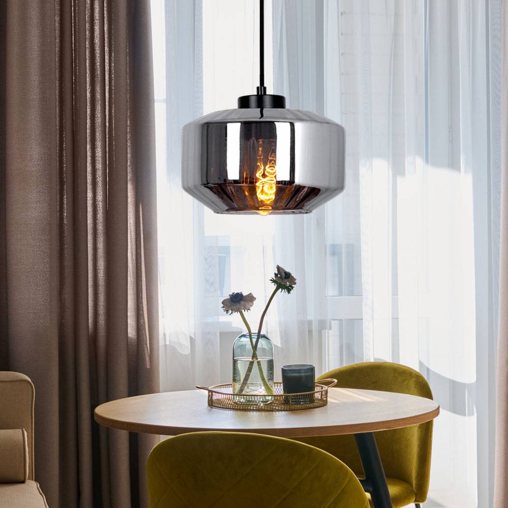 Hängelampe Pendelleuchte Esszimmerlampe, Modernes Pendel mit Glasschirm rauchfarben, Bauchig, Metall, schwarz matt, 1x E27 Fassung, DxH 24x120 cm