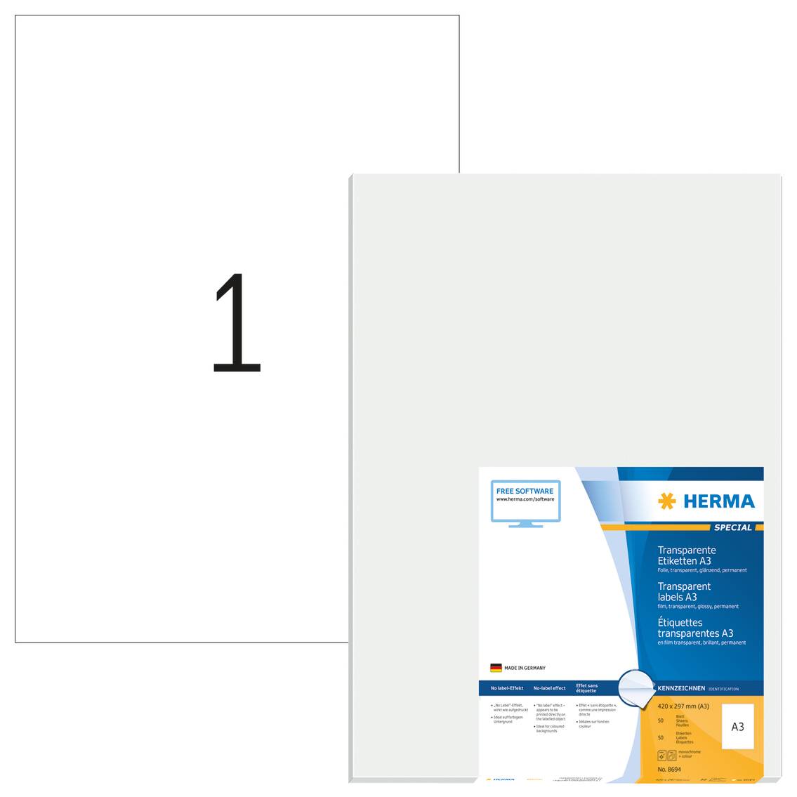 HERMA A3-Etiketten transp. 297x420 mm Folie glänzend 50 St. Multimedia-Technik Etiketten