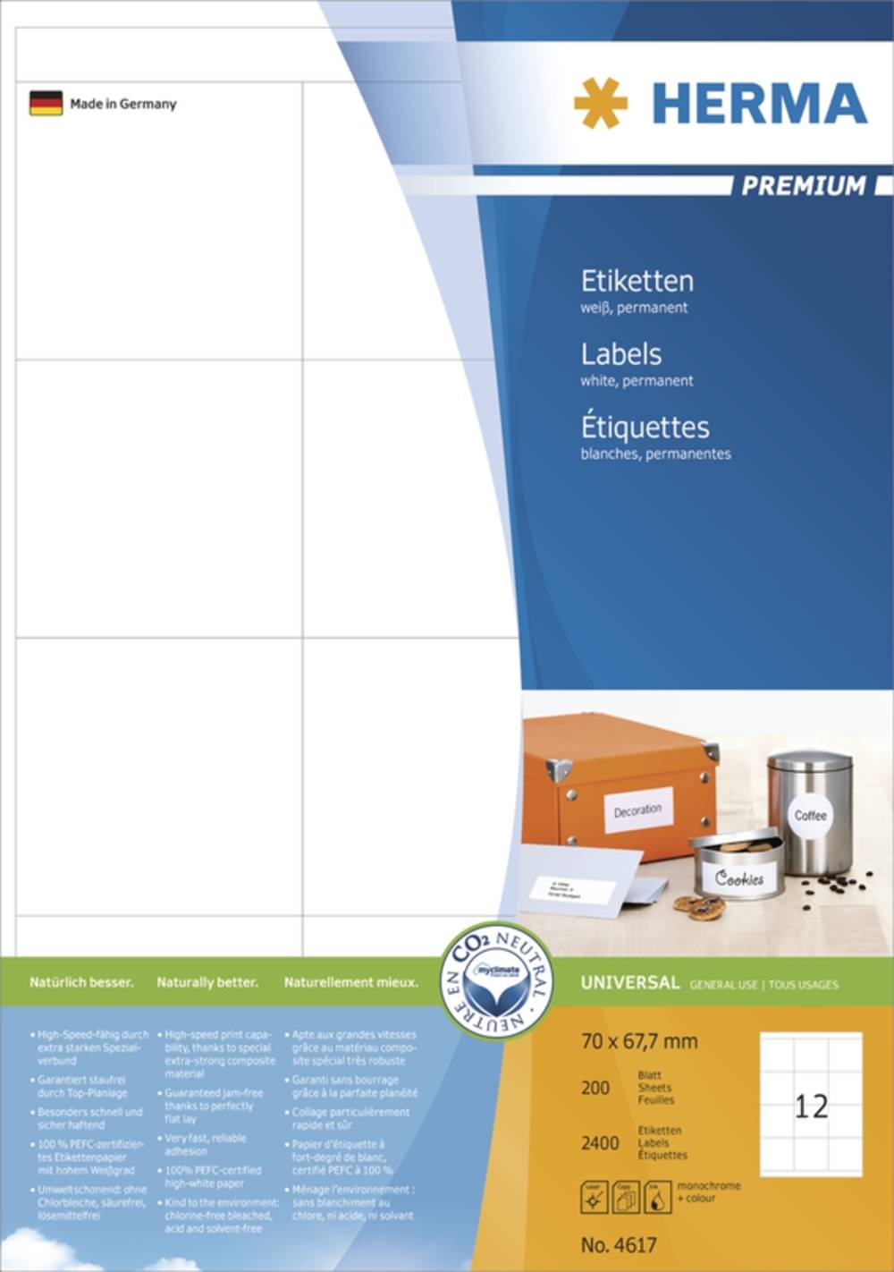 HERMA Etiketten Premium A4 weiß 70x67,7 mm Papier 2400 St. Multimedia-Technik
