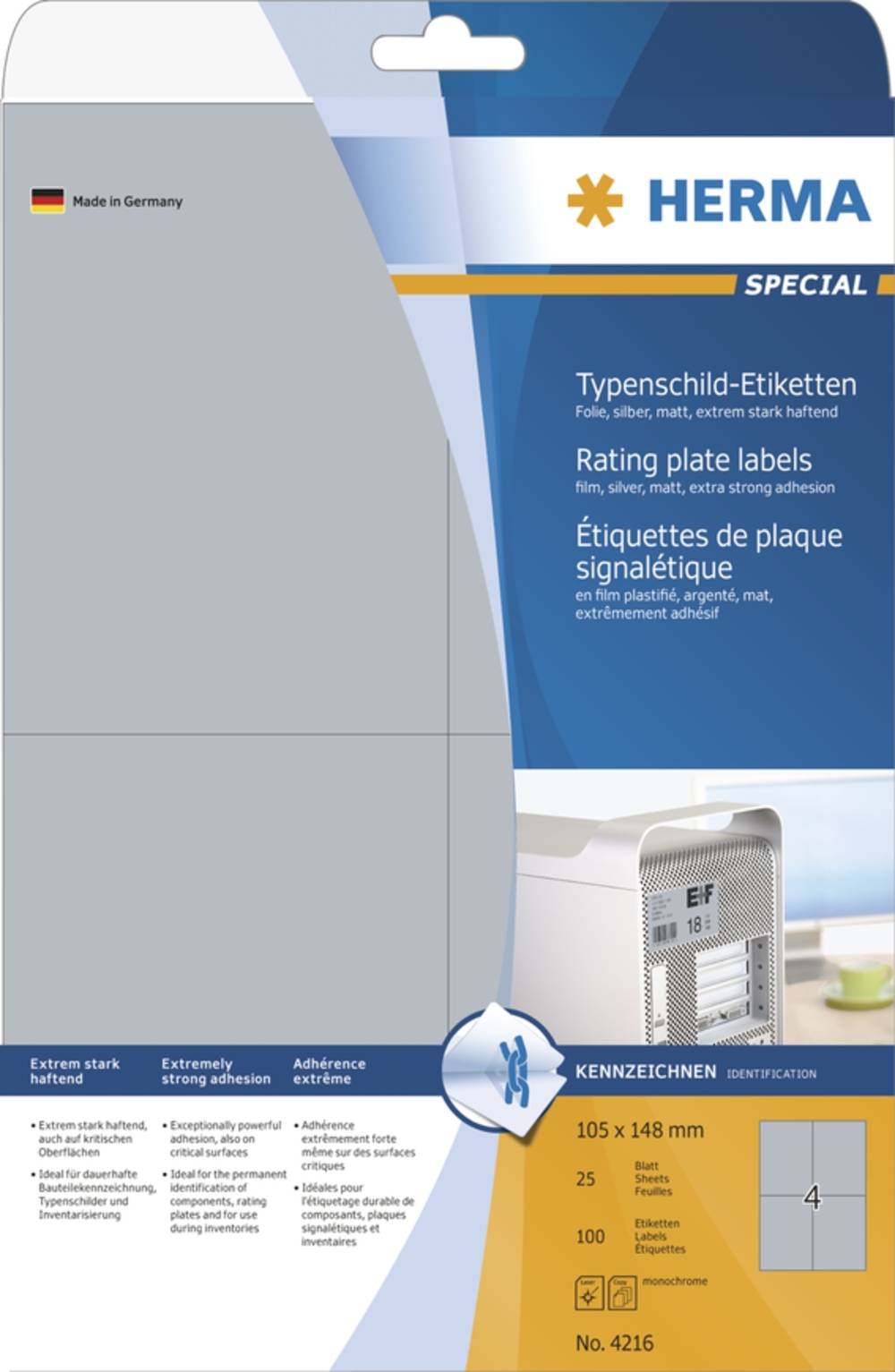 HERMA Typenschildetiketten A4 silb. 105x148 mm Folie 100 St. Multimedia-Technik Etiketten