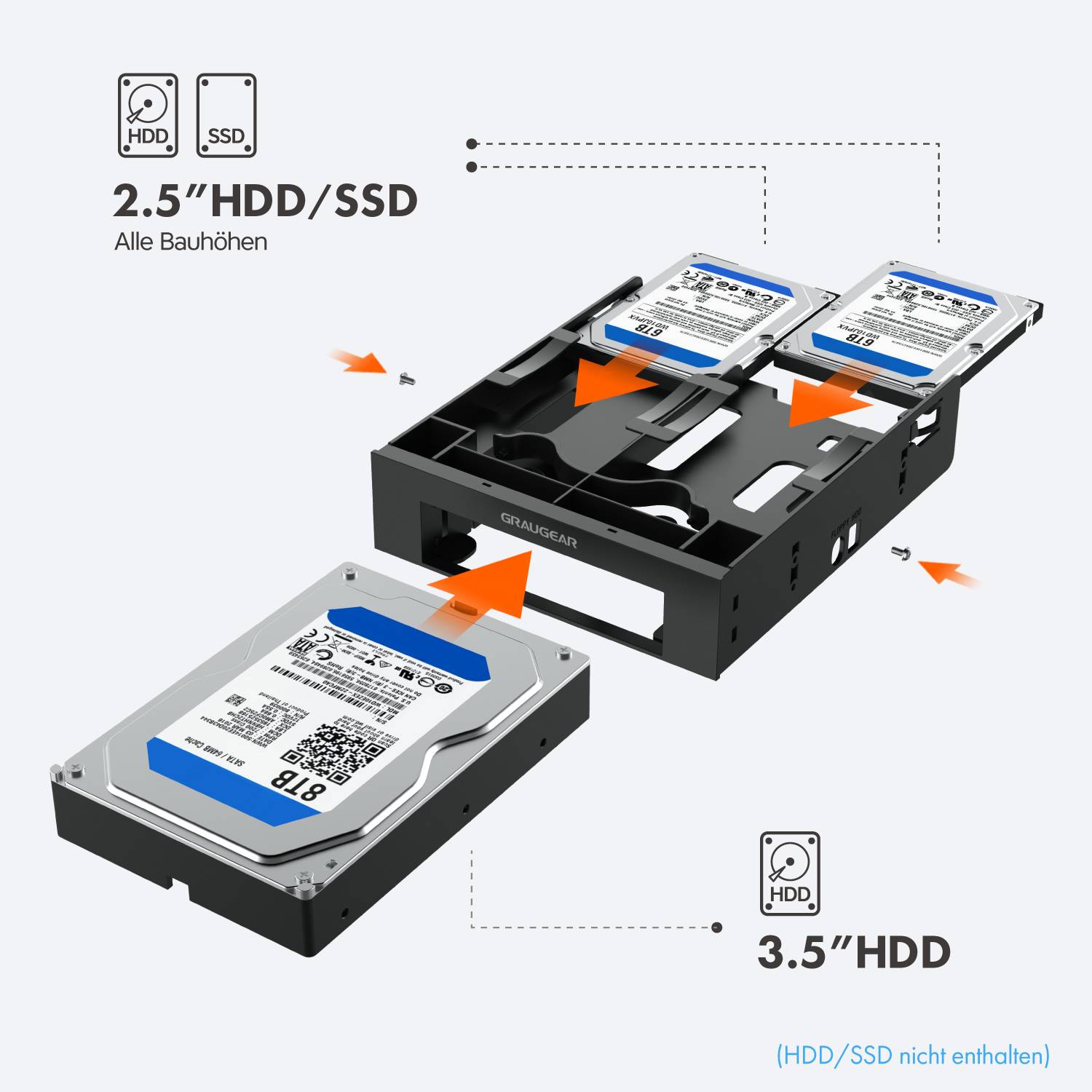 GRAUGEAR Einbaurahmen für 2x 2,5 & 3,5 HDD/SSD in 5,25 Multimedia-Technik Festplattenzubehör