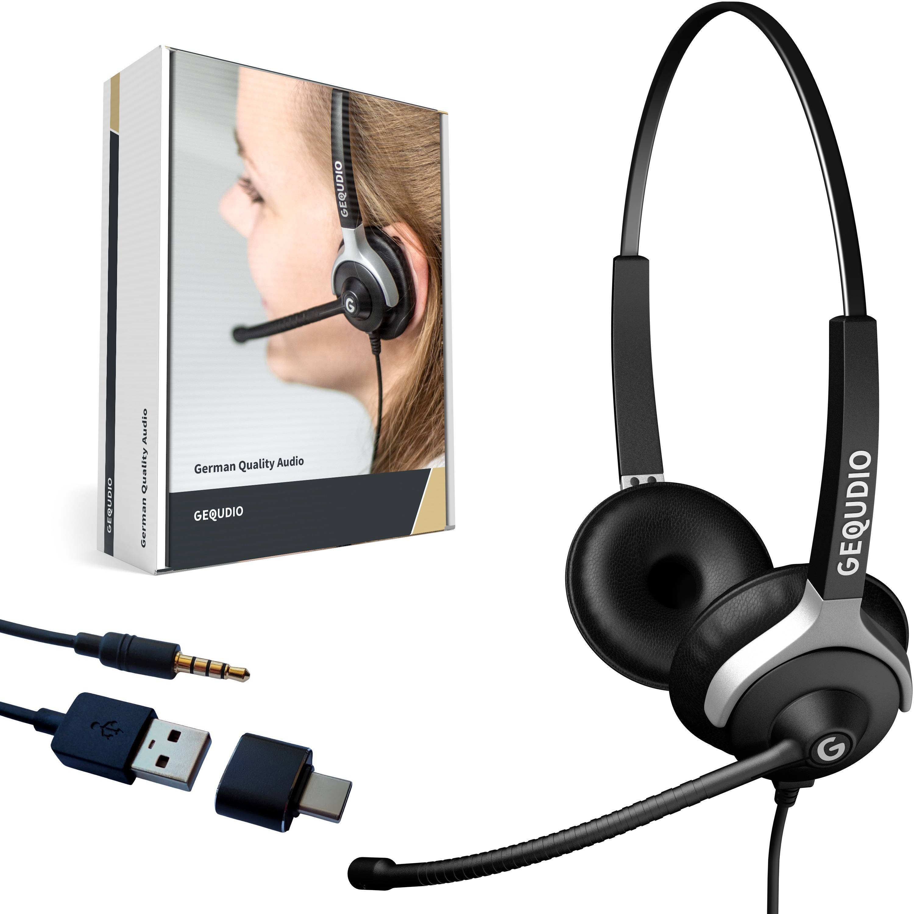 GEQUDIO Headset 2-Ohr mit USB für PC,MAC Eingabe / Ausgabe Kopfhörer & Headsets