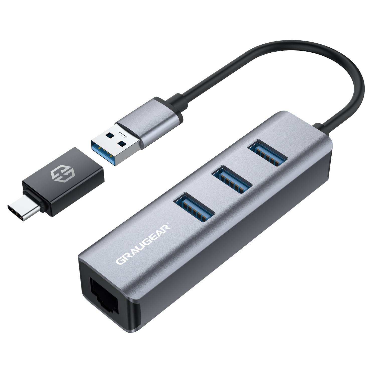GRAUGEAR 3-Port USB HUB 3.0 USB Type-A/-C Gbit LAN retail Multimedia-Technik HUBs
