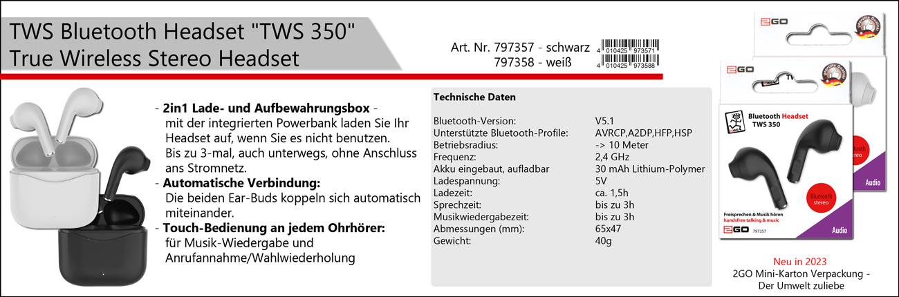 2GO Bluetooth Headset TWS 350 schwarz Eingabe / Ausgabe Kopfhörer & Headsets