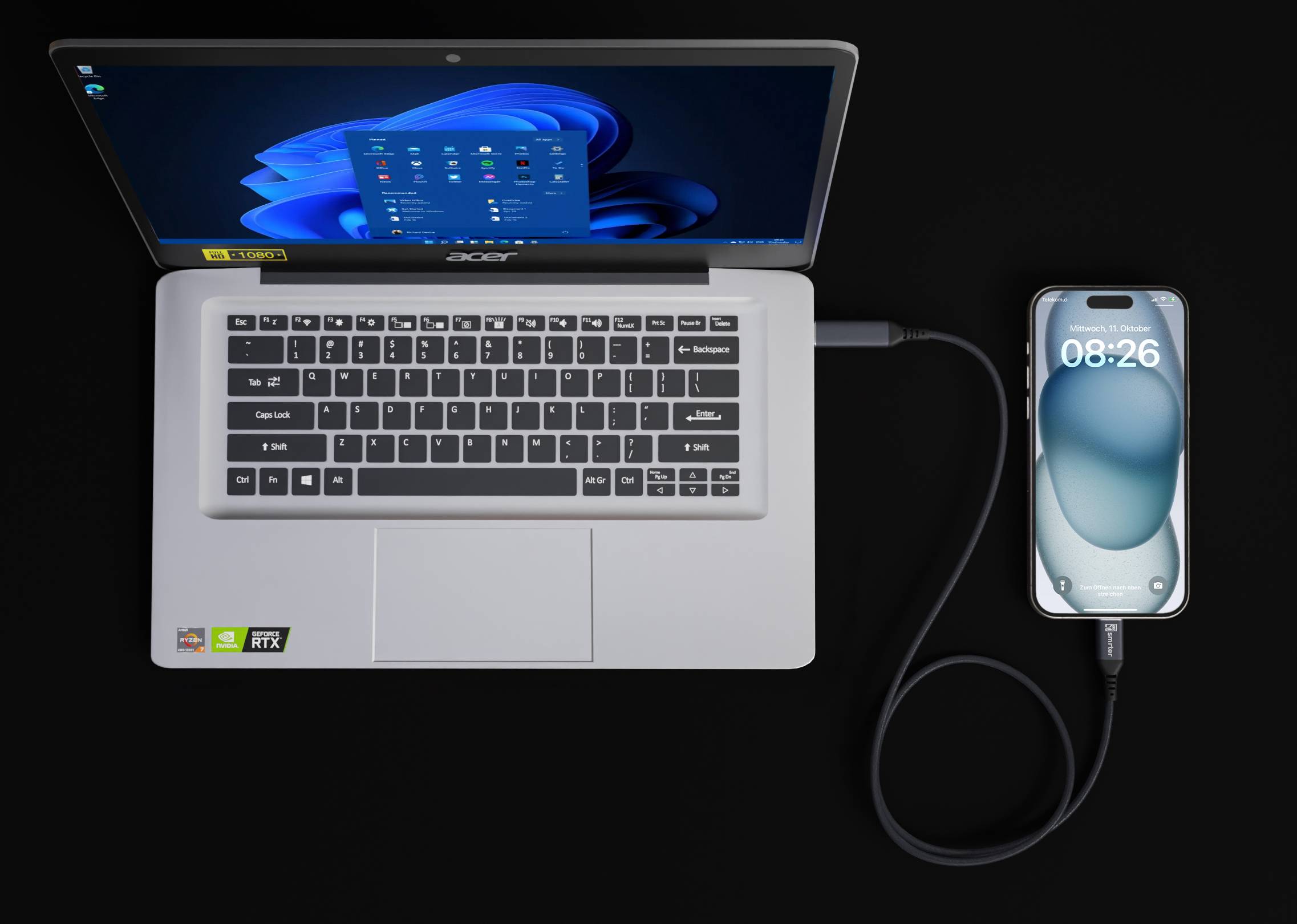 smrter SPEEDY 100 Daten-& Ladekabel 100W PD, USB-C, 200cm BK retail Multimedia-Technik