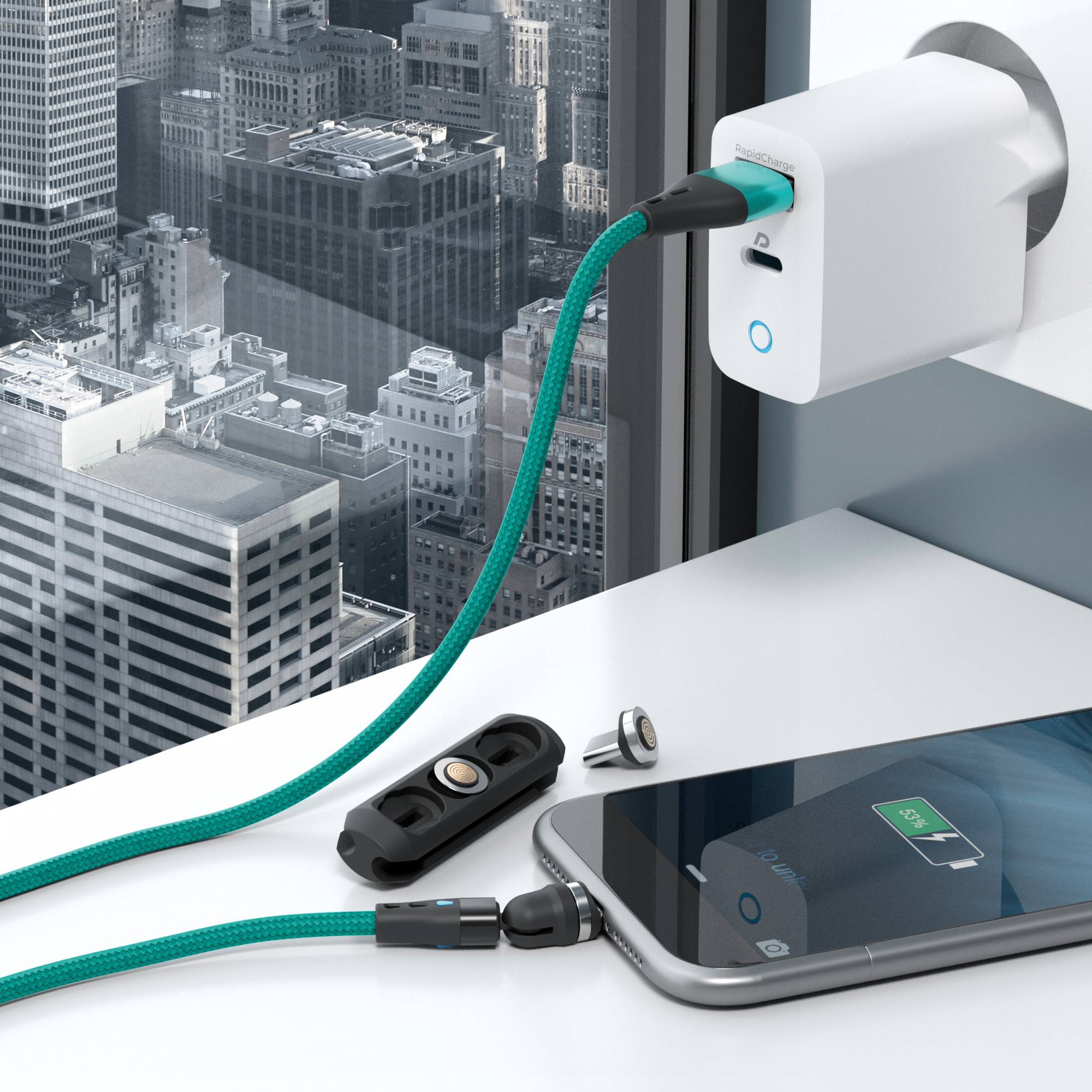 RealPower Magentic cable 3 Amp,1m,grün mit Adaptern Multimedia-Technik Ladegerät