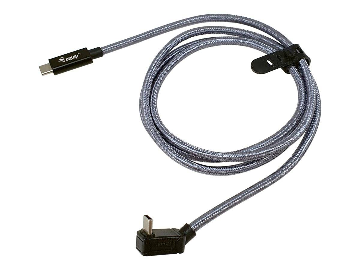 Aufgerolltes USB-C-Ladekabel mit abgewinkelten Steckern und Riemen, gezeigt auf weißem Hintergrund.