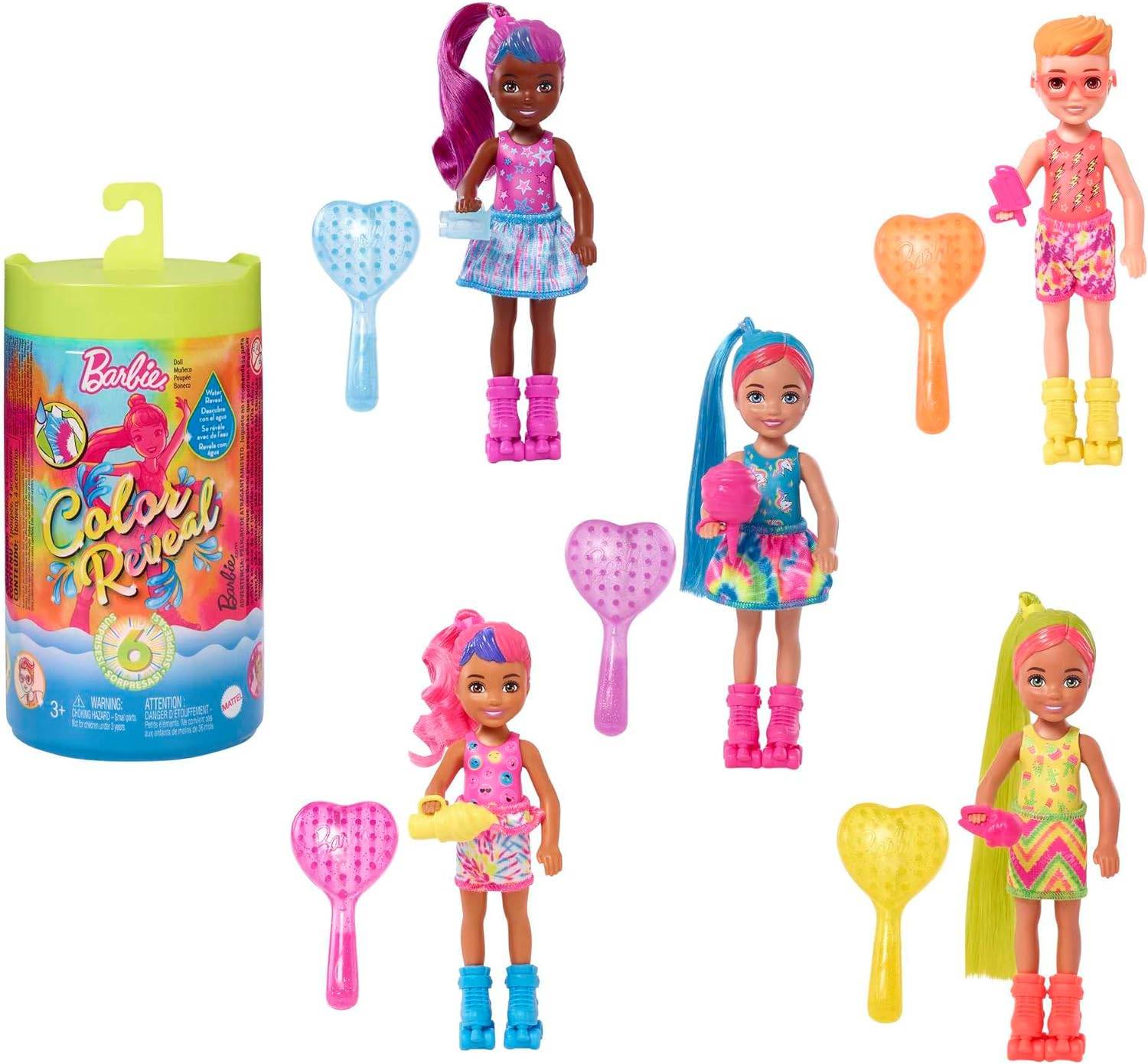 Barbie HCC90 - Chelsea Color Reveal-Puppe mit 6 Überraschungen, Neon Batik-Print und Farbwechsel; Geschenk für Kinder ab 3 Jahren