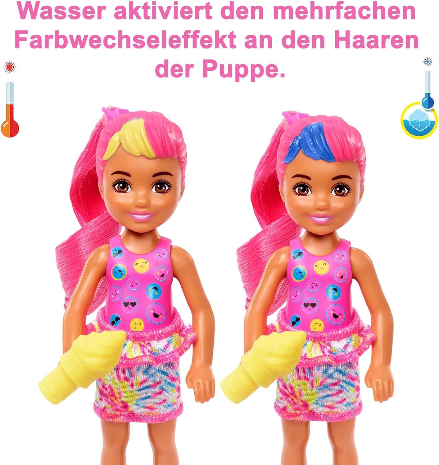 Barbie HCC90 - Chelsea Color Reveal-Puppe mit 6 Überraschungen, Neon Batik-Print und Farbwechsel; Geschenk für Kinder ab 3 Jahren