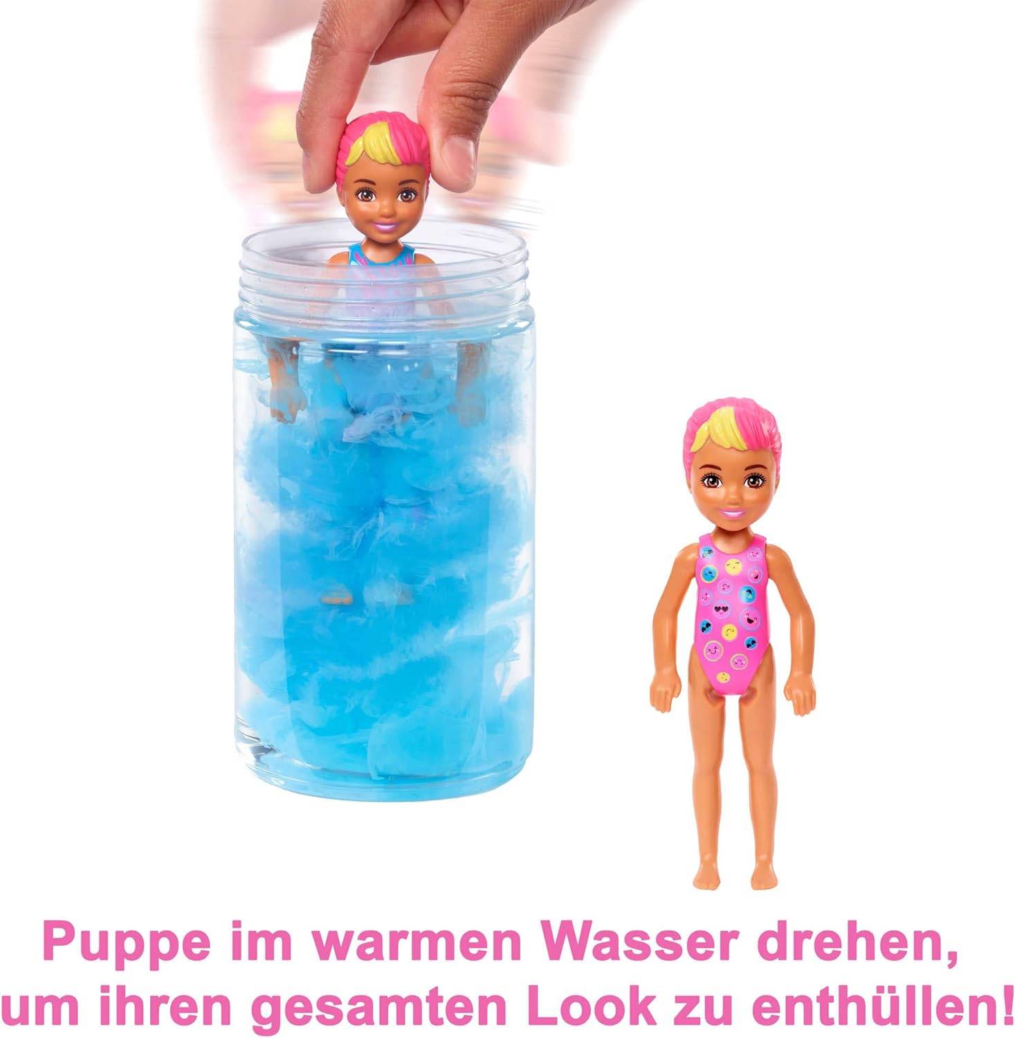 Barbie HCC90 - Chelsea Color Reveal-Puppe mit 6 Überraschungen, Neon Batik-Print und Farbwechsel; Geschenk für Kinder ab 3 Jahren