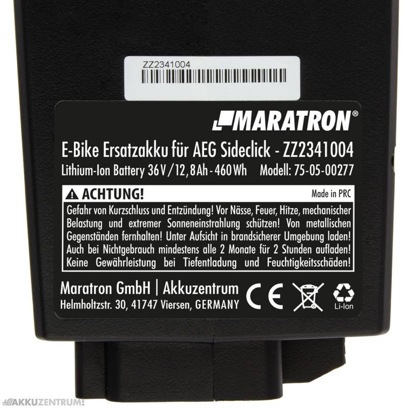 E-Bike Akku Maratron Ersatz-Akku für AEG Sideclick (ZZ234) - CAN-Bus V2.5 - 36V 12,8Ah (460Wh) für E-Bikes von Prophete