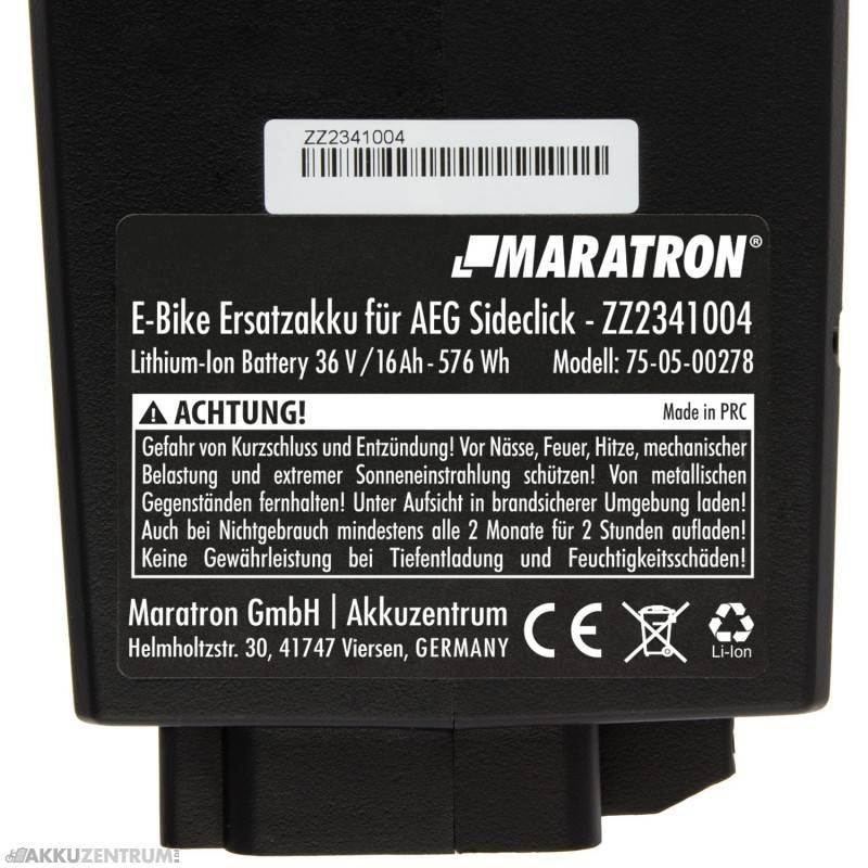 E-Bike Akku Maratron Ersatz-Akku für AEG Sideclick (ZZ234) - CAN-Bus V2.5 - 36V 16Ah (576Wh) für E-Bikes von Prophete -