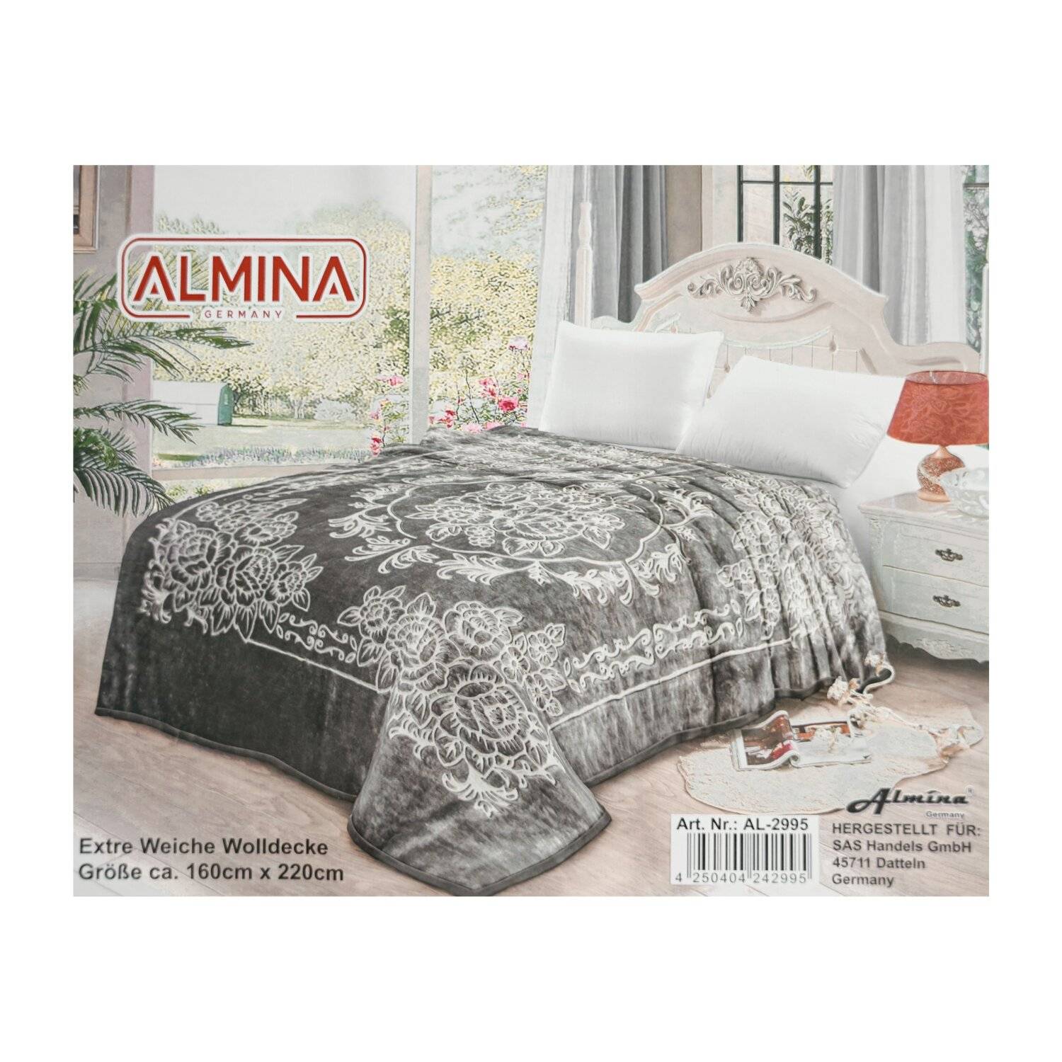 Almina Extra Weiche Wolldecke 160x220 cm 100% PES mit Blumen Muster Waschmaschinengeeignet Grau