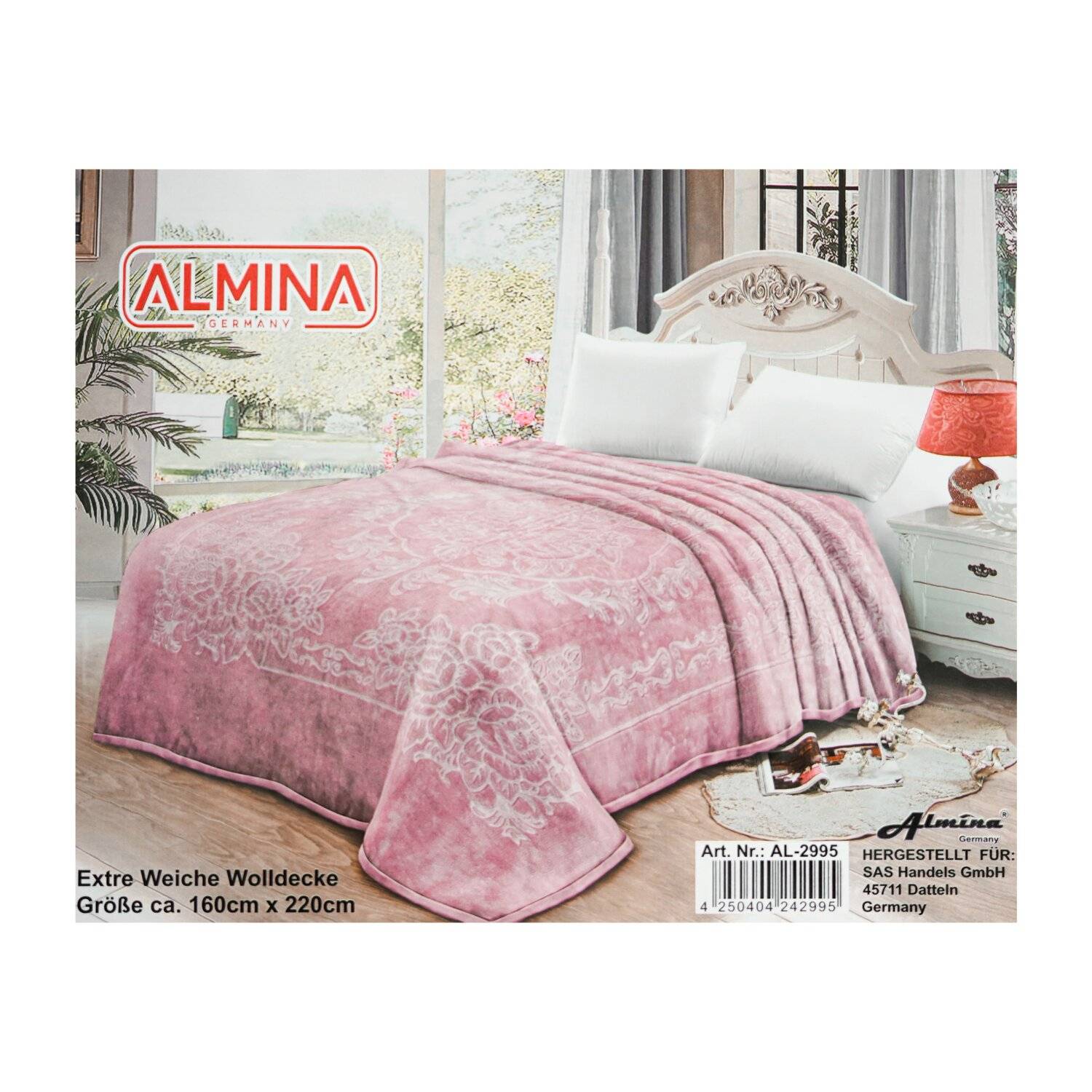 Almina Extra Weiche Wolldecke 160x220 cm 100% PES mit Blumen Muster Waschmaschinengeeignet Rosa