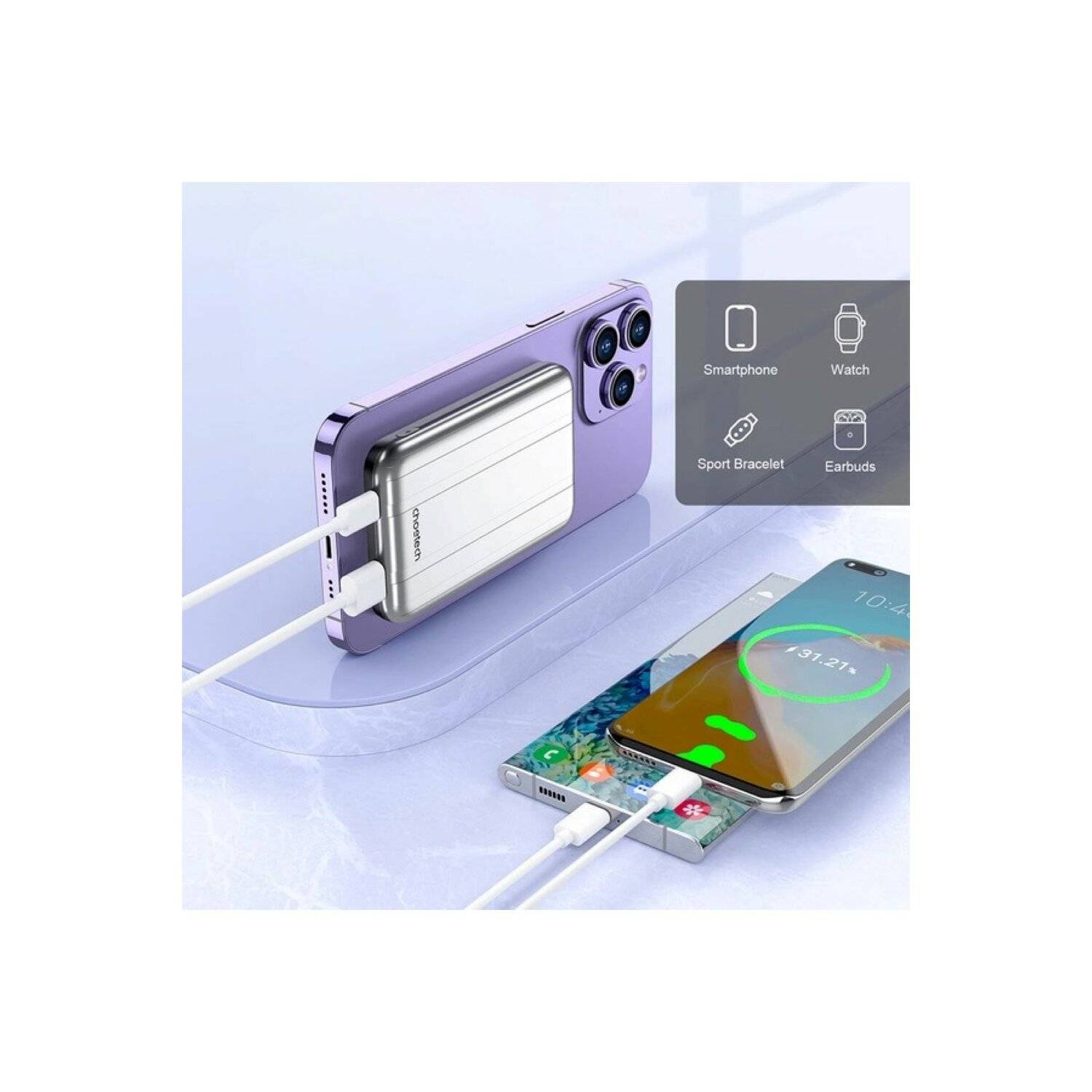 Choetech B655 Mini kabellose magnetische Powerbank 5000 mAh – Silber, 2x USB Typ-C, 1x USB Typ-A, USB Typ-C USB Typ-A