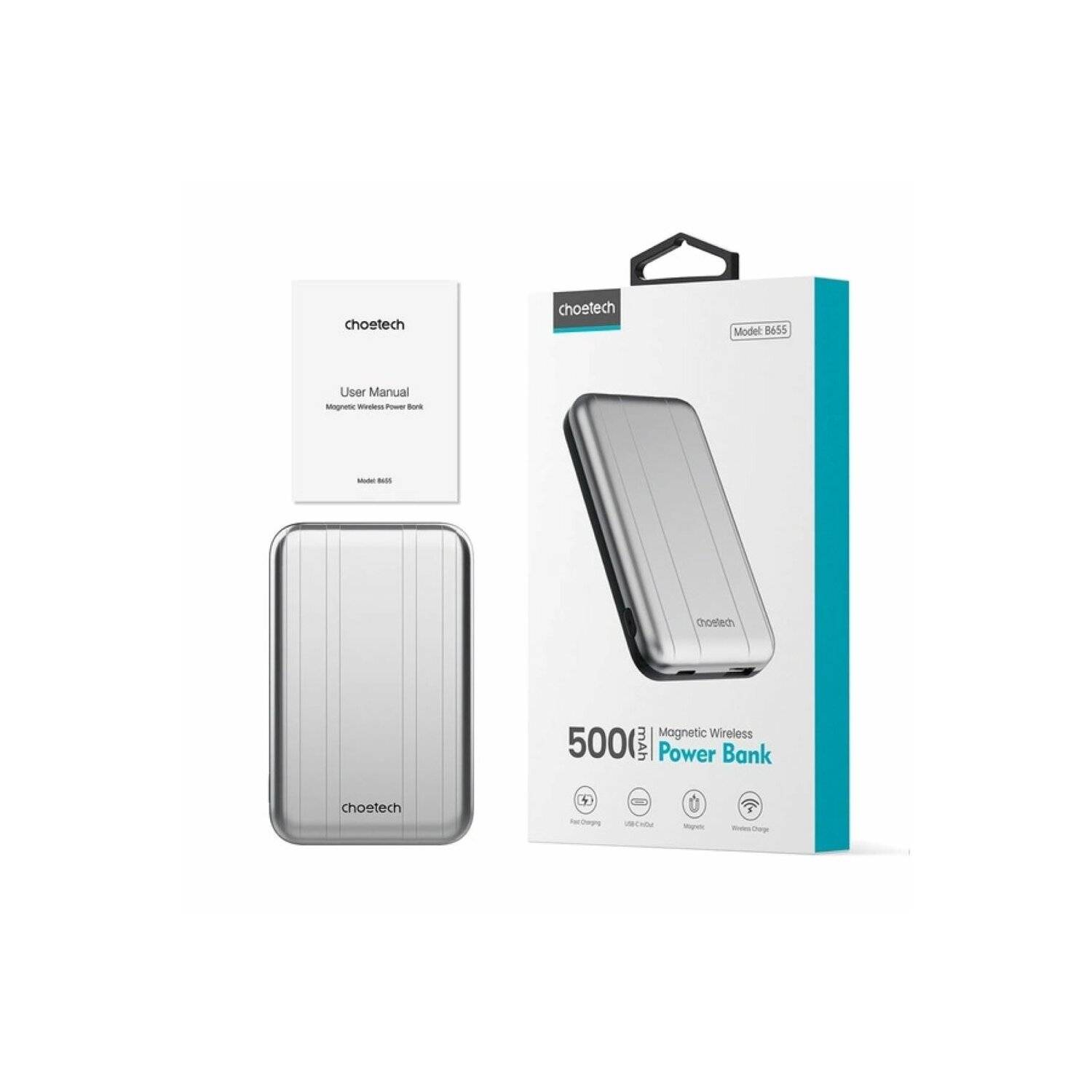 Choetech B655 Mini kabellose magnetische Powerbank 5000 mAh – Silber, 2x USB Typ-C, 1x USB Typ-A, USB Typ-C USB Typ-A