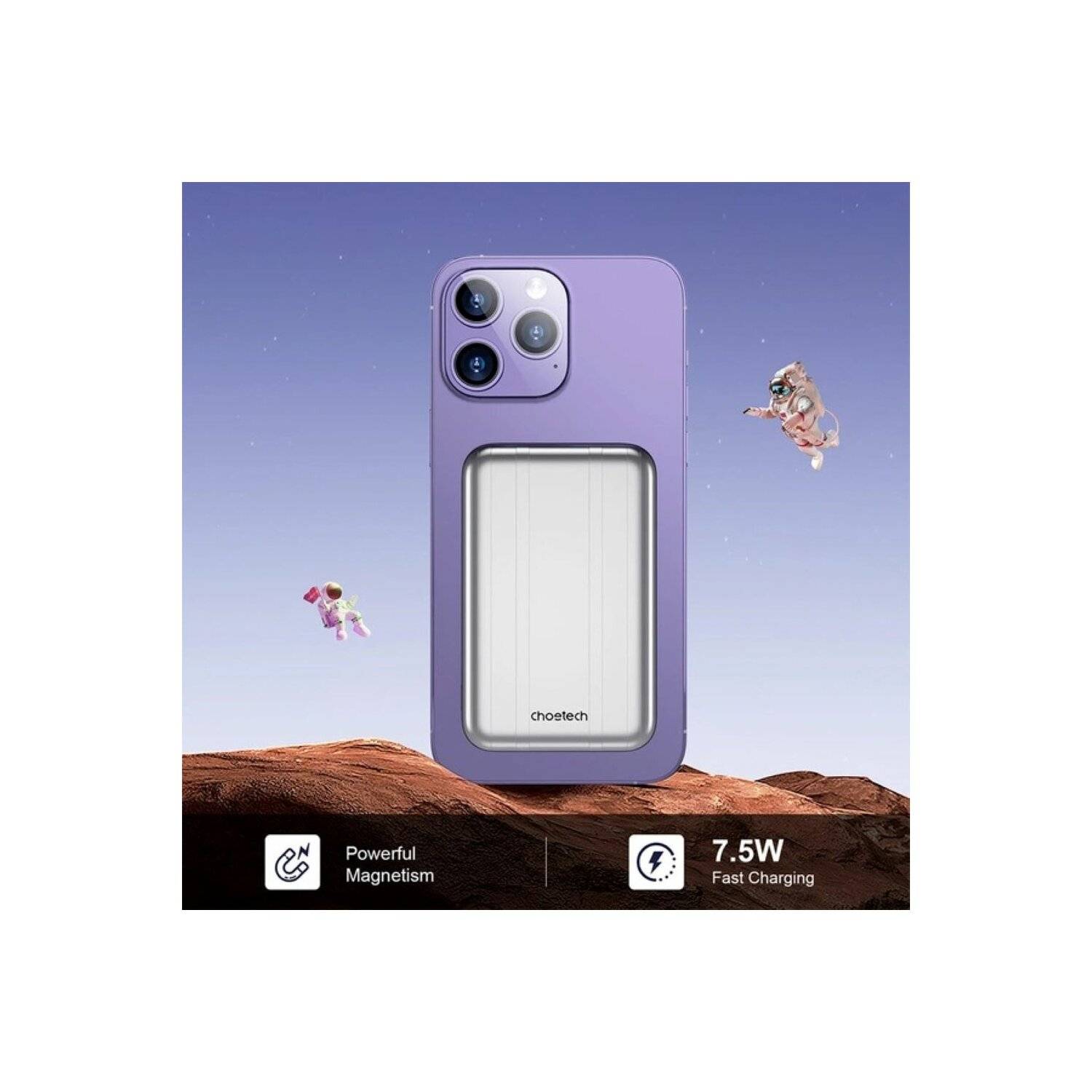 Choetech B655 Mini kabellose magnetische Powerbank 5000 mAh – Silber, 2x USB Typ-C, 1x USB Typ-A, USB Typ-C USB Typ-A