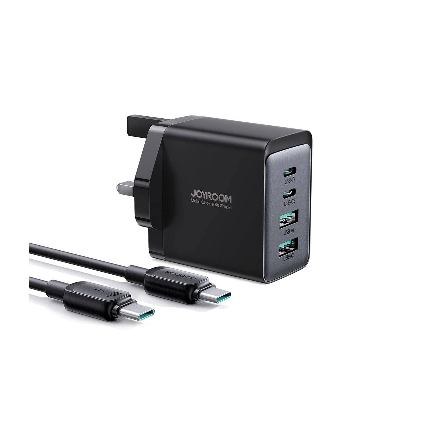 Joyroom TCG02 PD USB-C USB-A 67W GaN-Wandladegerät (UK) + USB-C-Kabel – Schwarz