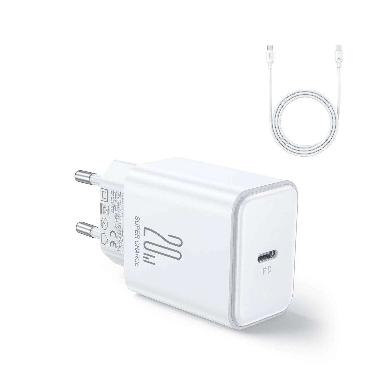 Joyroom JR-TCF06 USB-C PD 20W Wandladegerät + USB-C-Kabel – Weiß - Schnellladegerät