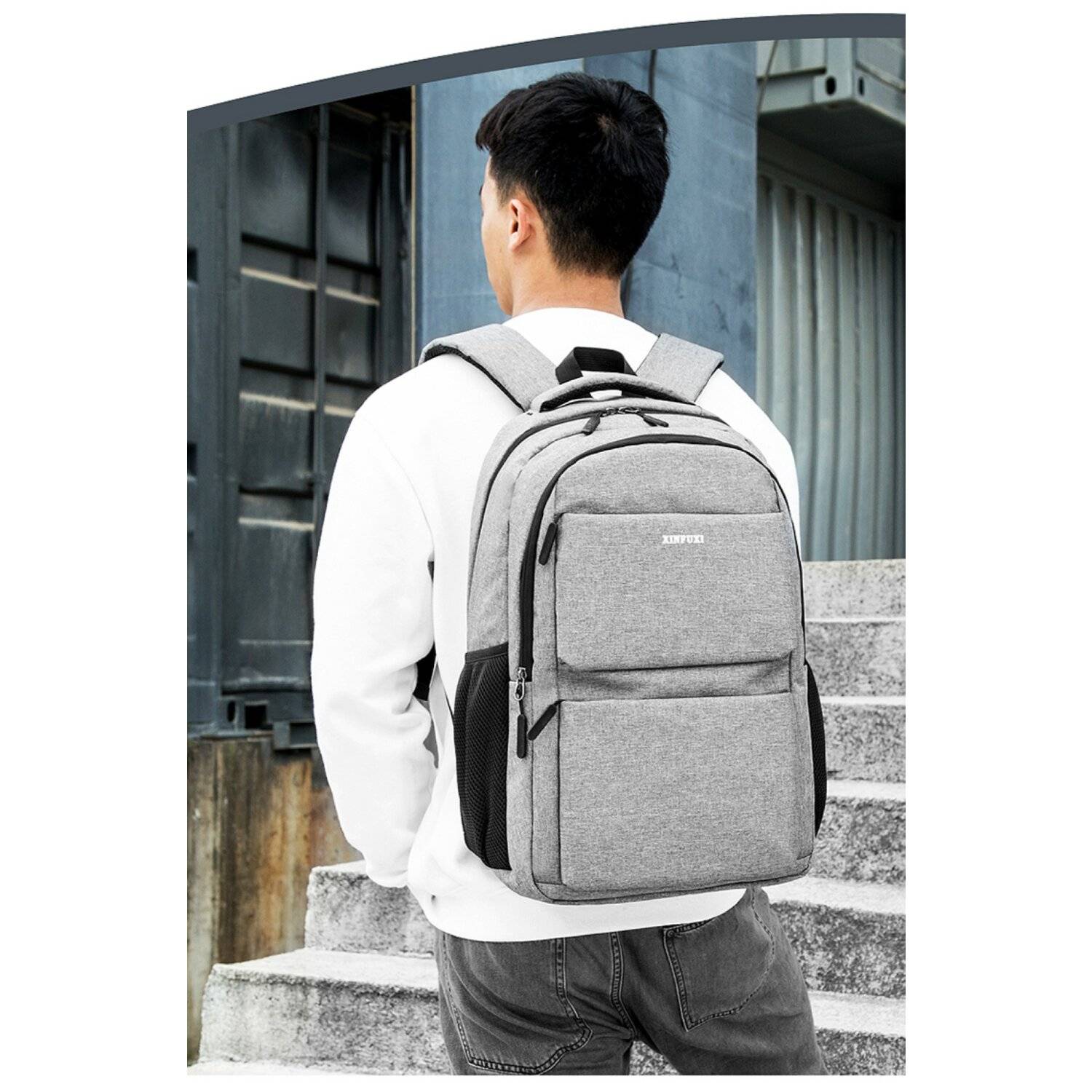 Rucksack Reisetasche mit 4 Fächer + 2 Seitentaschen 33x23x48 cm 17 Zoll Grau