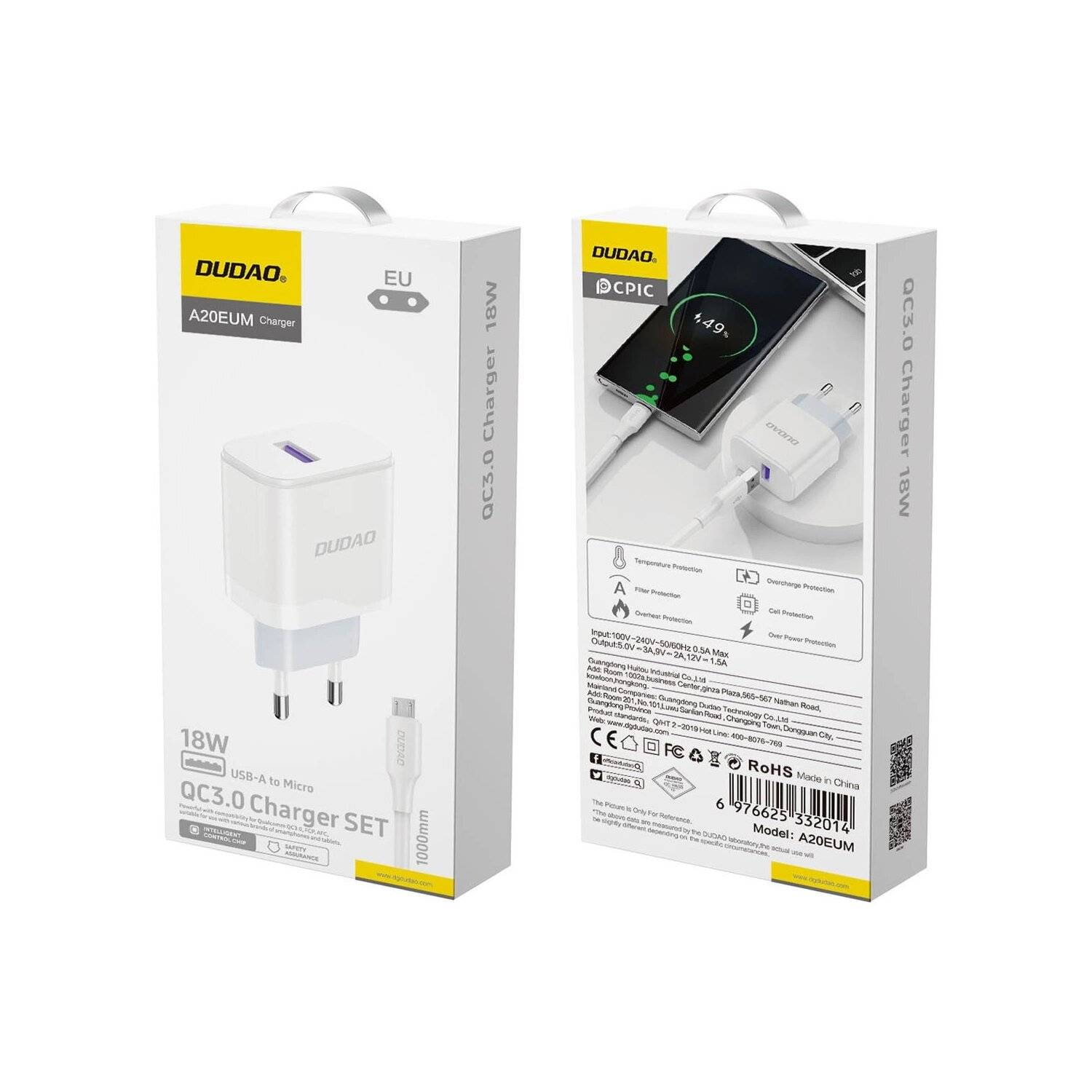 Dudao A20EU Wandladegerät – Weiß - 1m Ladekabel Ladegerät-Set USB-A zu Micro, I-Phone und Type-C- 18W Micro