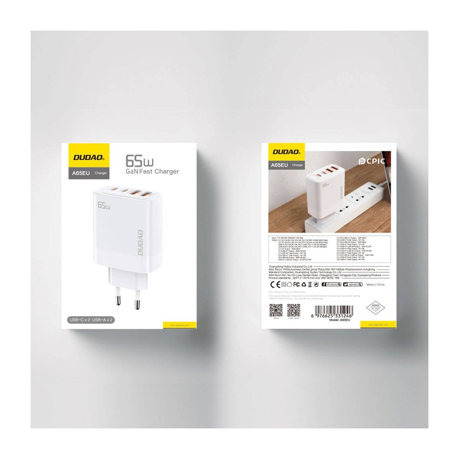 Schnellladegerät Dudao A65EU GaN-Netzwerkladegerät 2xUSB-A / 2xUSB-C PD 65W - Weiß - 65W