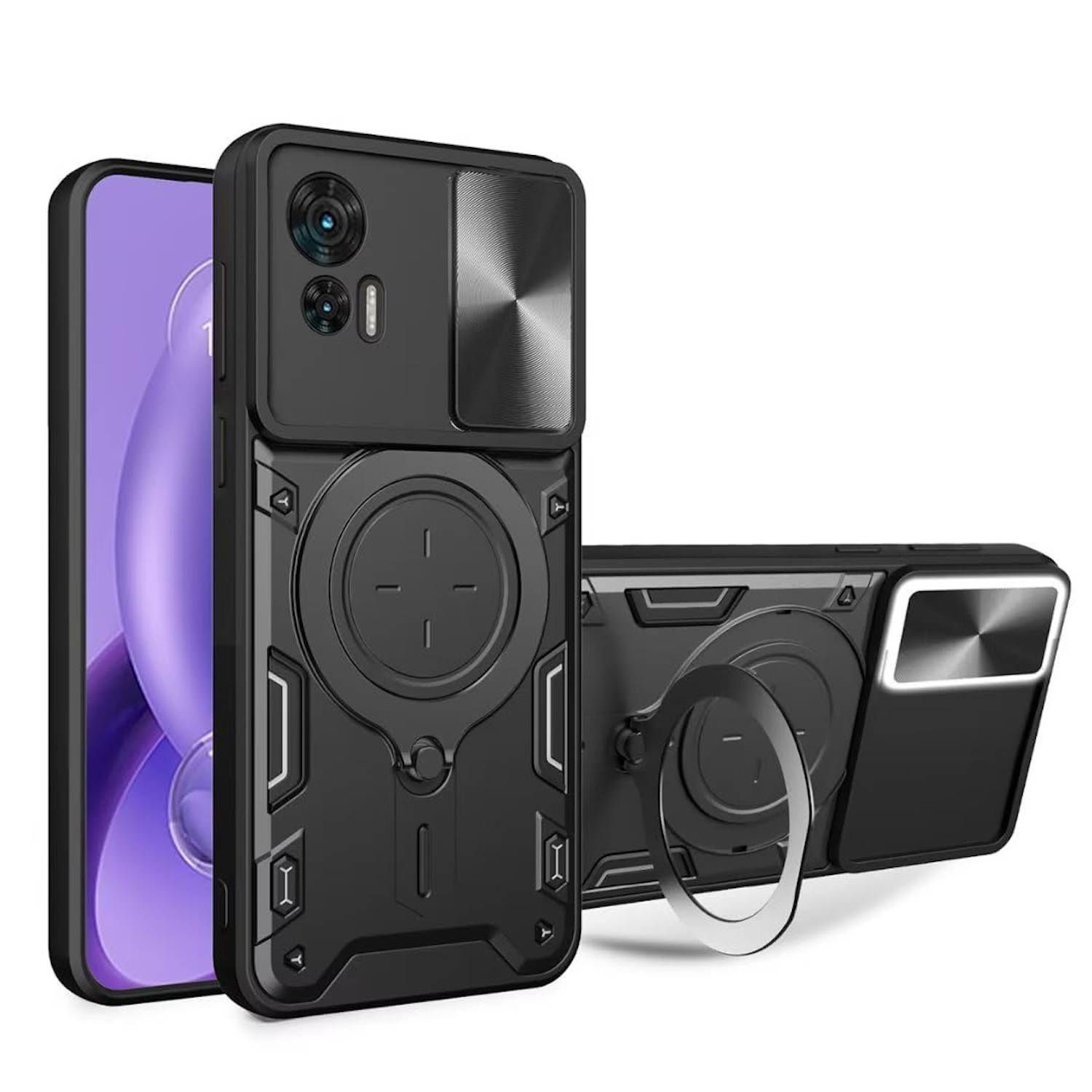 Für Motorola Moto G84 5G Sliding Kamera TPU / PC Schutzhülle Ring Halterung Schwarz