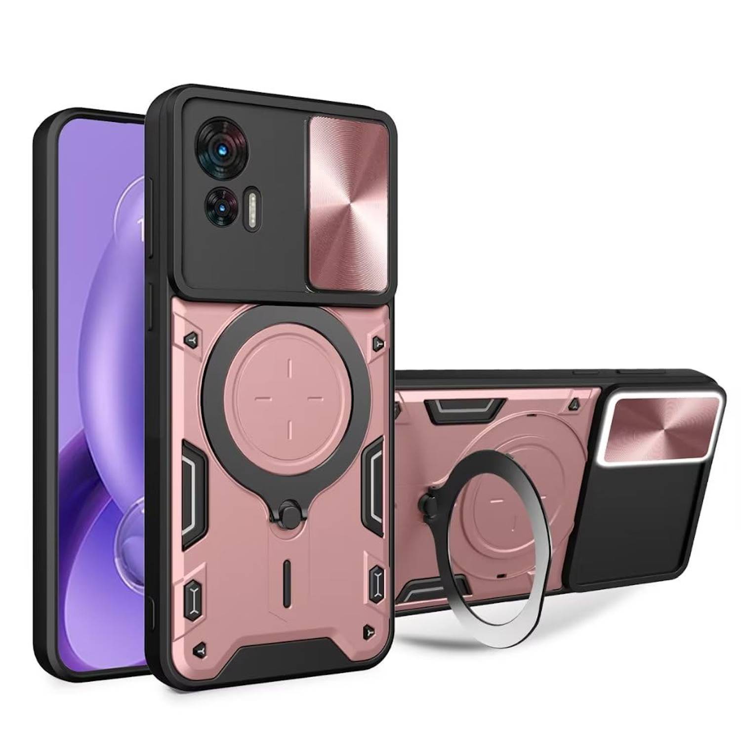 Für Motorola Moto G84 5G Sliding Kamera TPU / PC Schutzhülle Ring Halterung Rose Gold