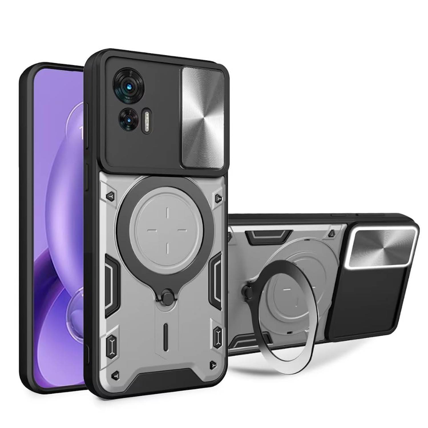 Für Motorola Moto G84 5G Sliding Kamera TPU / PC Schutzhülle Ring Halterung Silber