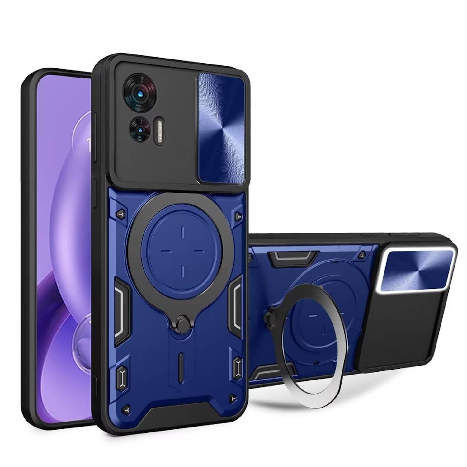 Für Motorola Moto G84 5G Sliding Kamera TPU / PC Schutzhülle Ring Halterung Blau