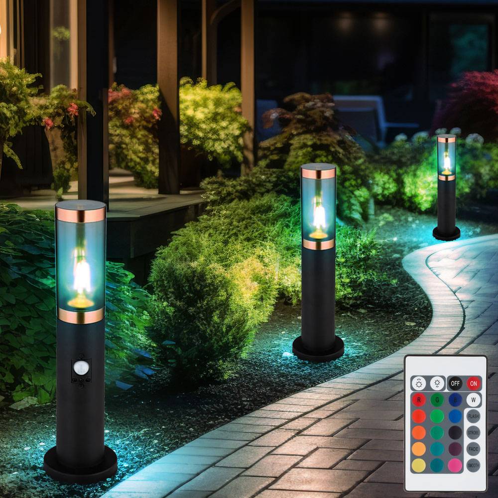 Sockelleuchte mit Fernbedienung rauch Außenbeleuchtung mit Bewegungsmelder Garten Stehlampe dimmbar, Edelstahl, RGB LED 8,5W 806Lm warmweiß, DxH 7,6