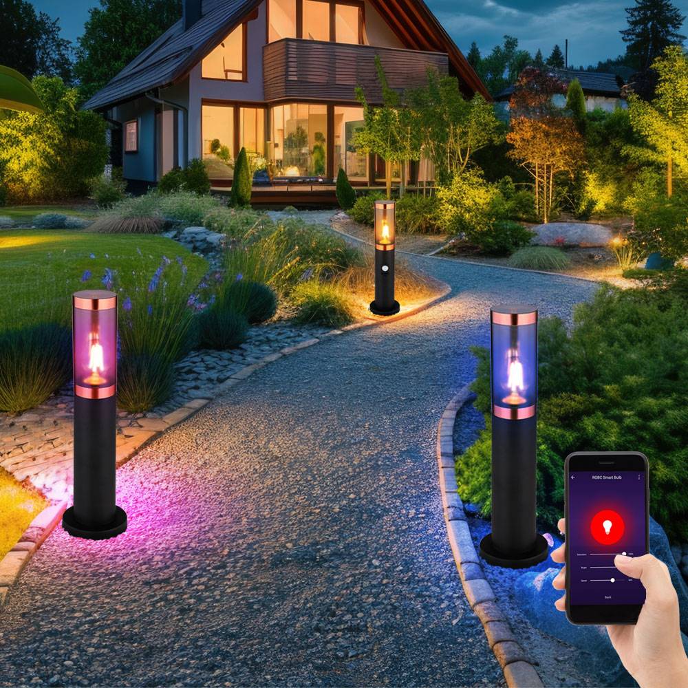 Sockelleuchte rauch Außenbeleuchtung mit Bewegungsmelder Garten Stehlampe, App Steuerung CCT, Edelstahl, Smart RGB LED 8,5W 806Lm, DxH 7,6x45 cm,3er