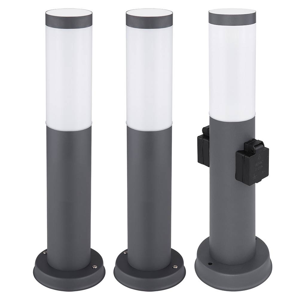 Stehlampe Außenleuchte mit Steckdose Edelstahl Sockellampe Gartenlampe Wegeleuchte, anthrazit, E27 Fassung, DxH 12,7x45 cm, 3er Set