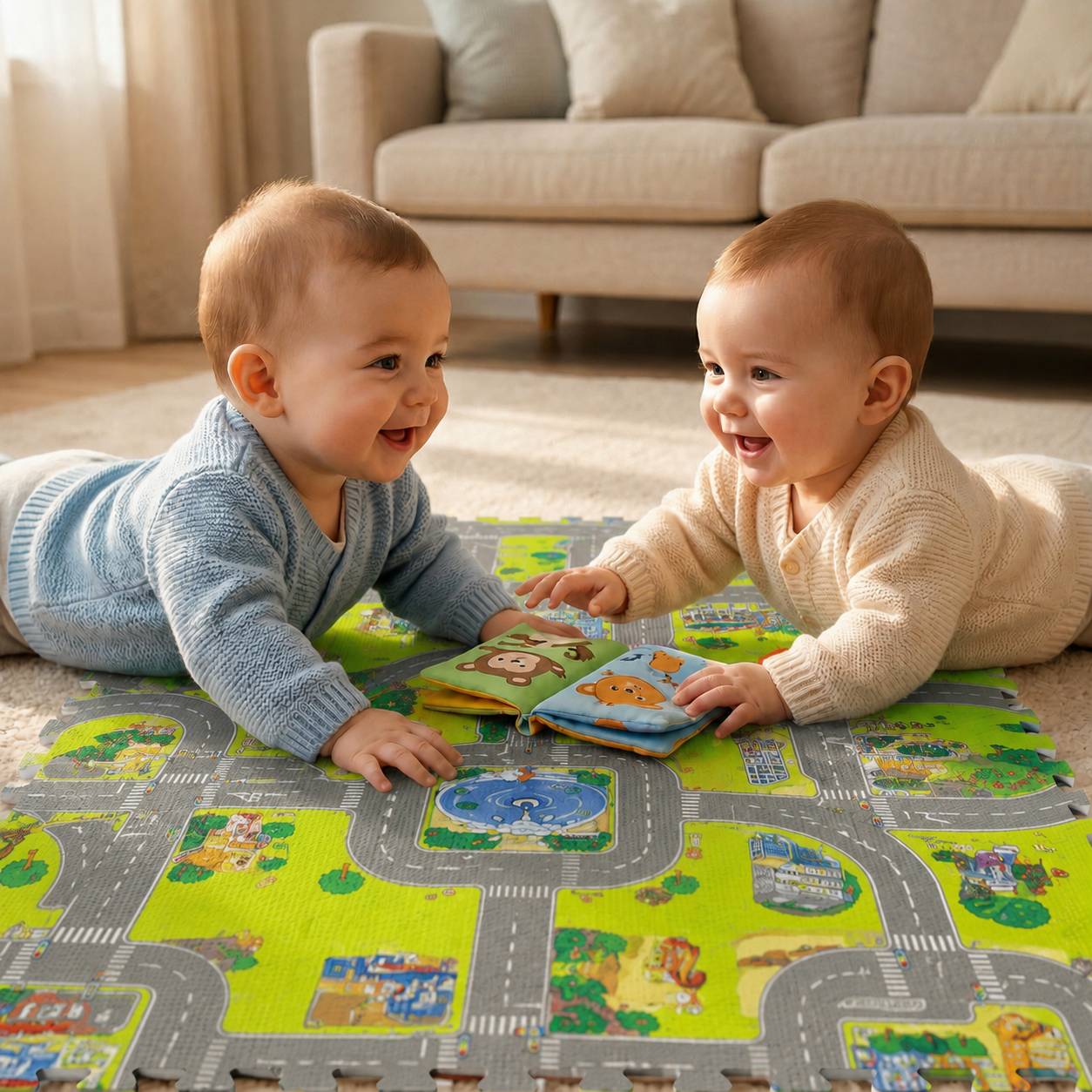 Zwei lachende Babys liegen auf einer bunten Spielmatte und greifen nach einem kleinen Stoffbuch auf dem Boden eines Wohnzimmers.