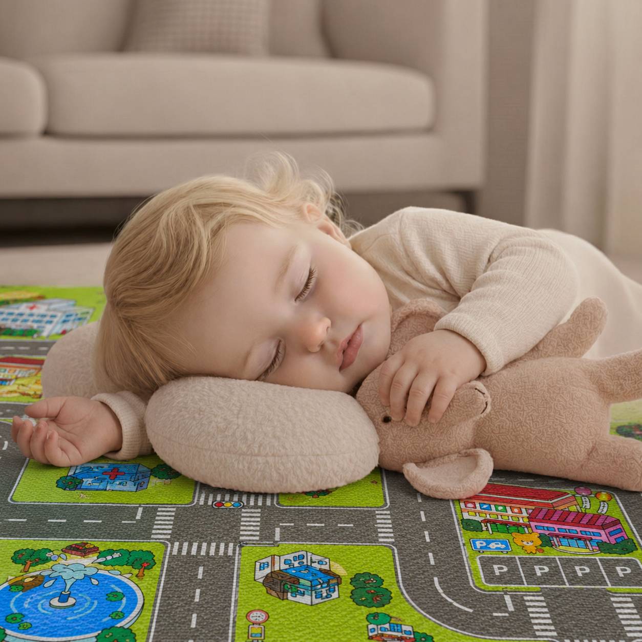 Schlafendes Kleinkind, das einen Teddybären auf einer Spielmatte im Wohnzimmer kuschelt, mit einem Sofa im Hintergrund.