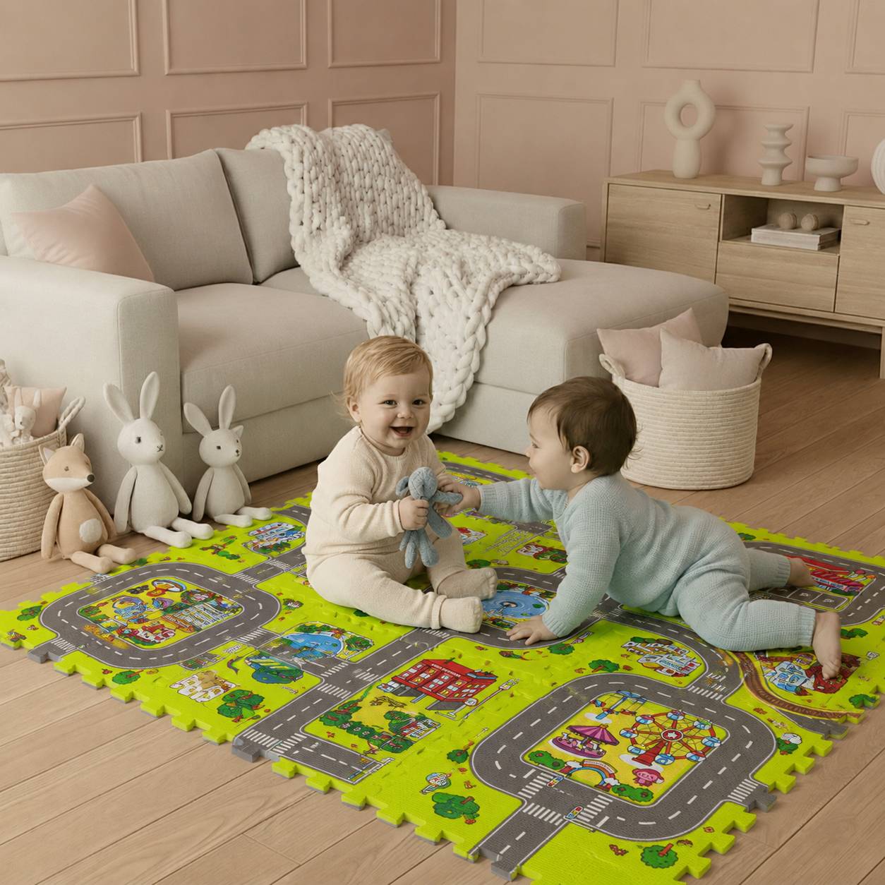 Zwei Kleinkinder spielen auf einer bunten Spielmatte mit Straßenmotiven im gemütlichen Wohnzimmer, mit Kuscheltieren und einem Sofa hinter ihnen.