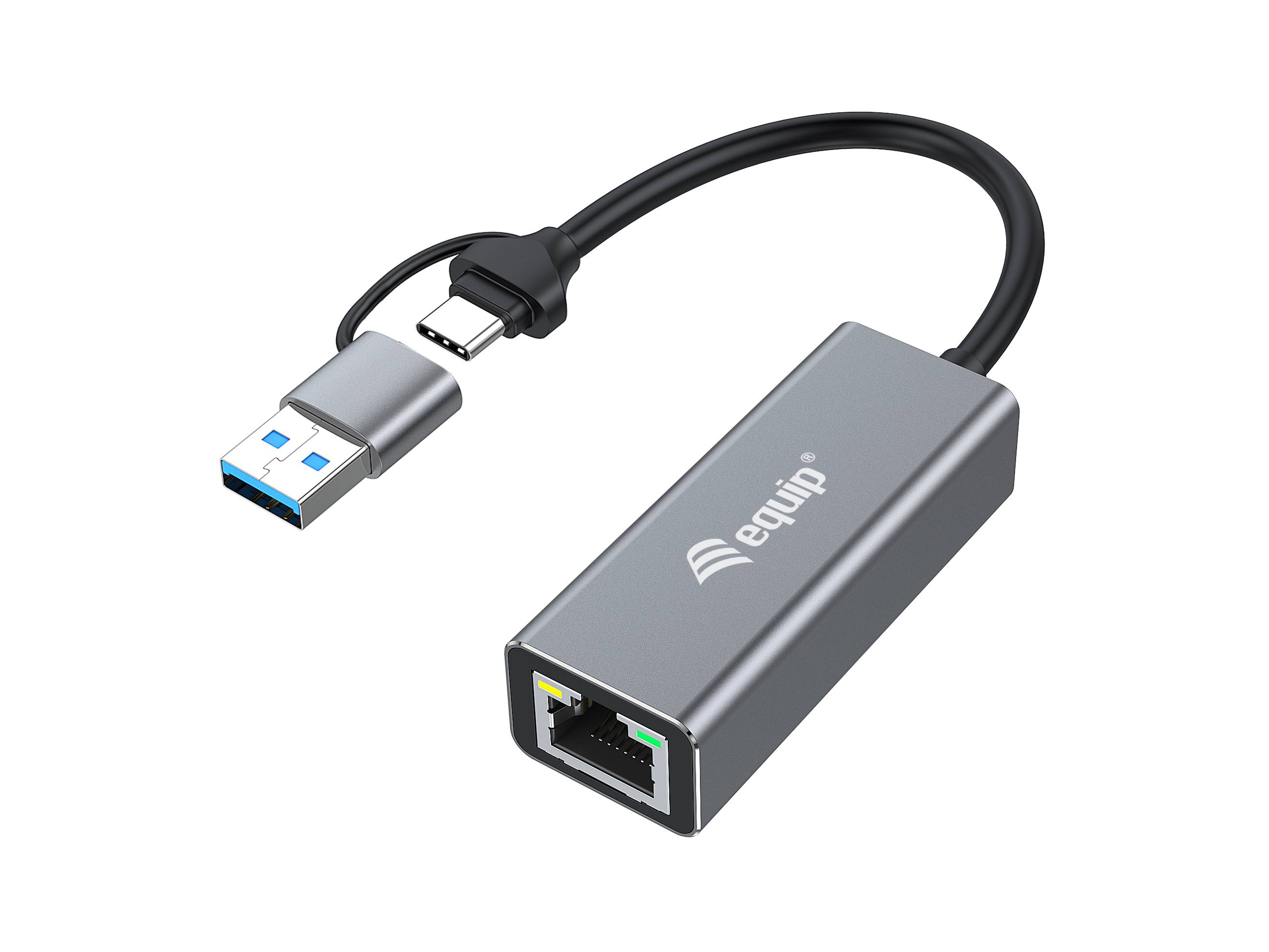 Equip Adapter USB-C->RJ45/USB-A Adapter St/Bu 0.15m Alu.