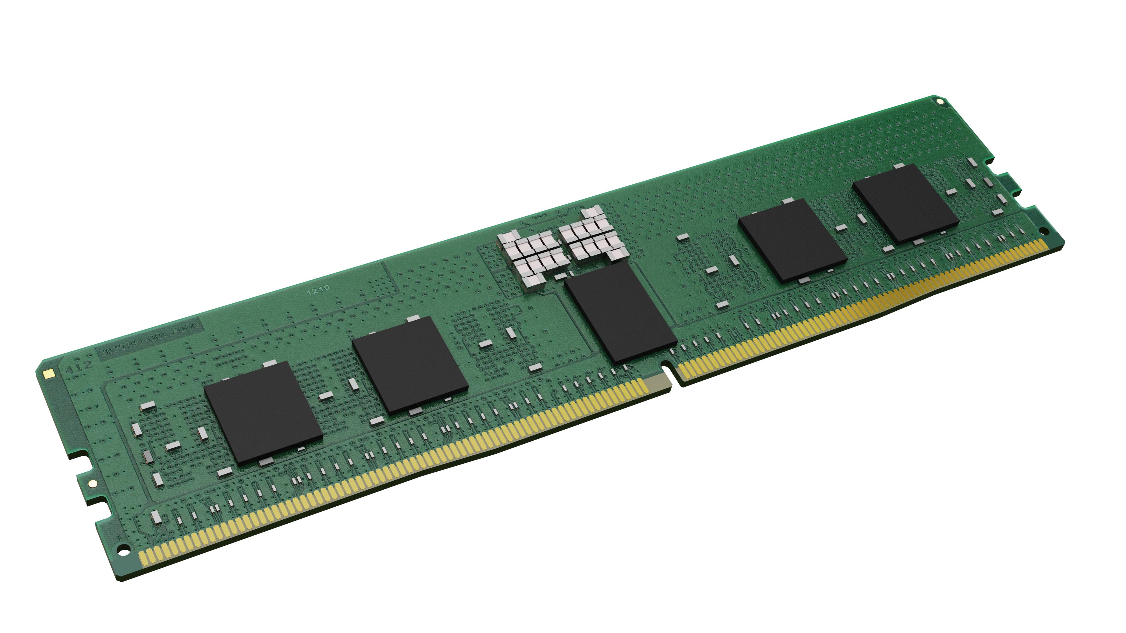 Grünes Computerarbeitsspeichermodul (RAM) mit vier schwarzen Speicherchips und vergoldeter Steckkantenkante auf schwarzem Hintergrund.