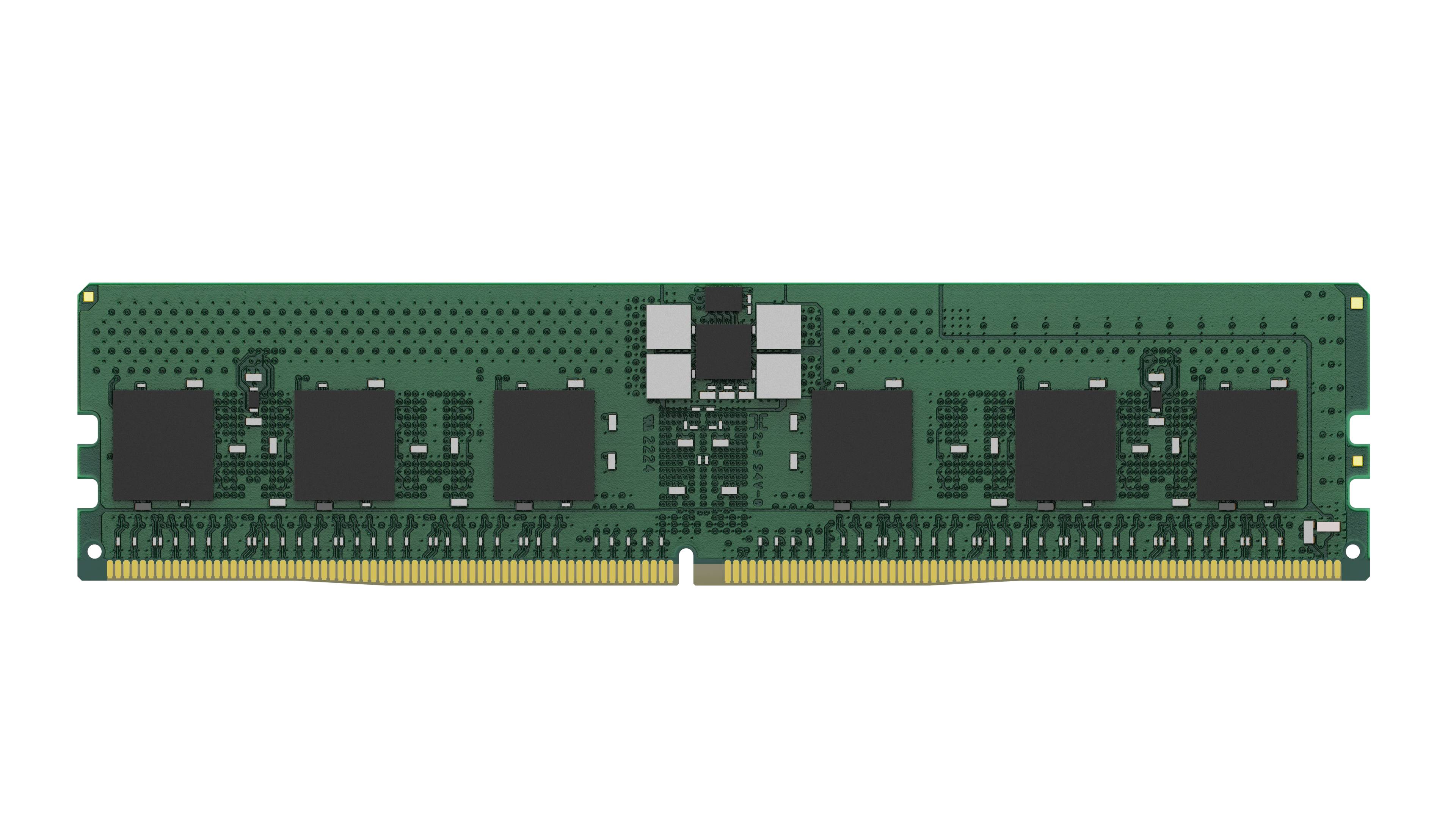 Grünes Computerspeichermodul (RAM) mit mehreren schwarzen Chips auf einer Leiterplatte und goldenen Steckerkontakten, gezeigt auf schwarzem Hintergrund