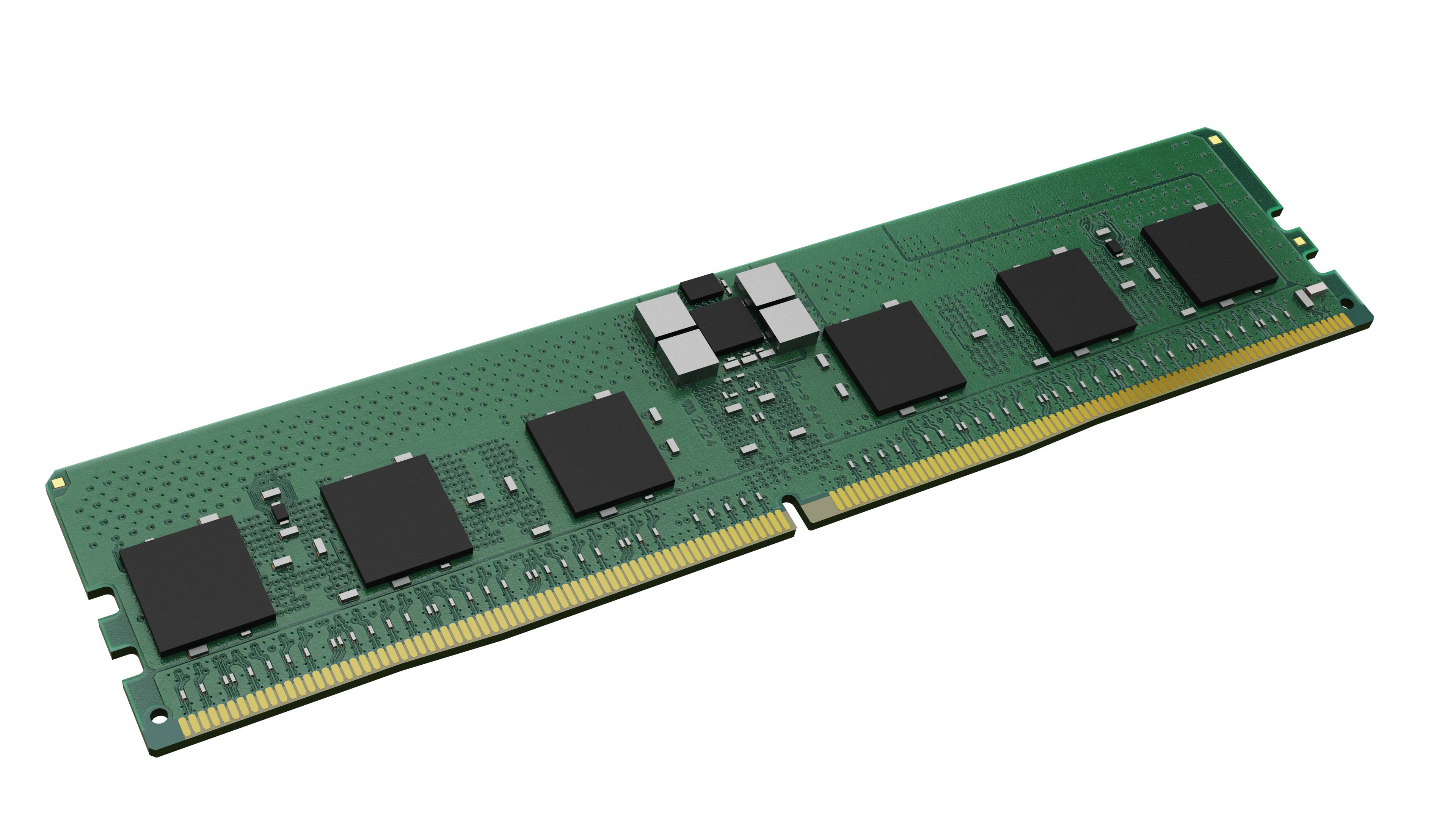 Grünes RAM-Speichermodul mit mehreren schwarzen Chips auf einer Leiterplatte, diagonal auf schwarzem Hintergrund dargestellt.
