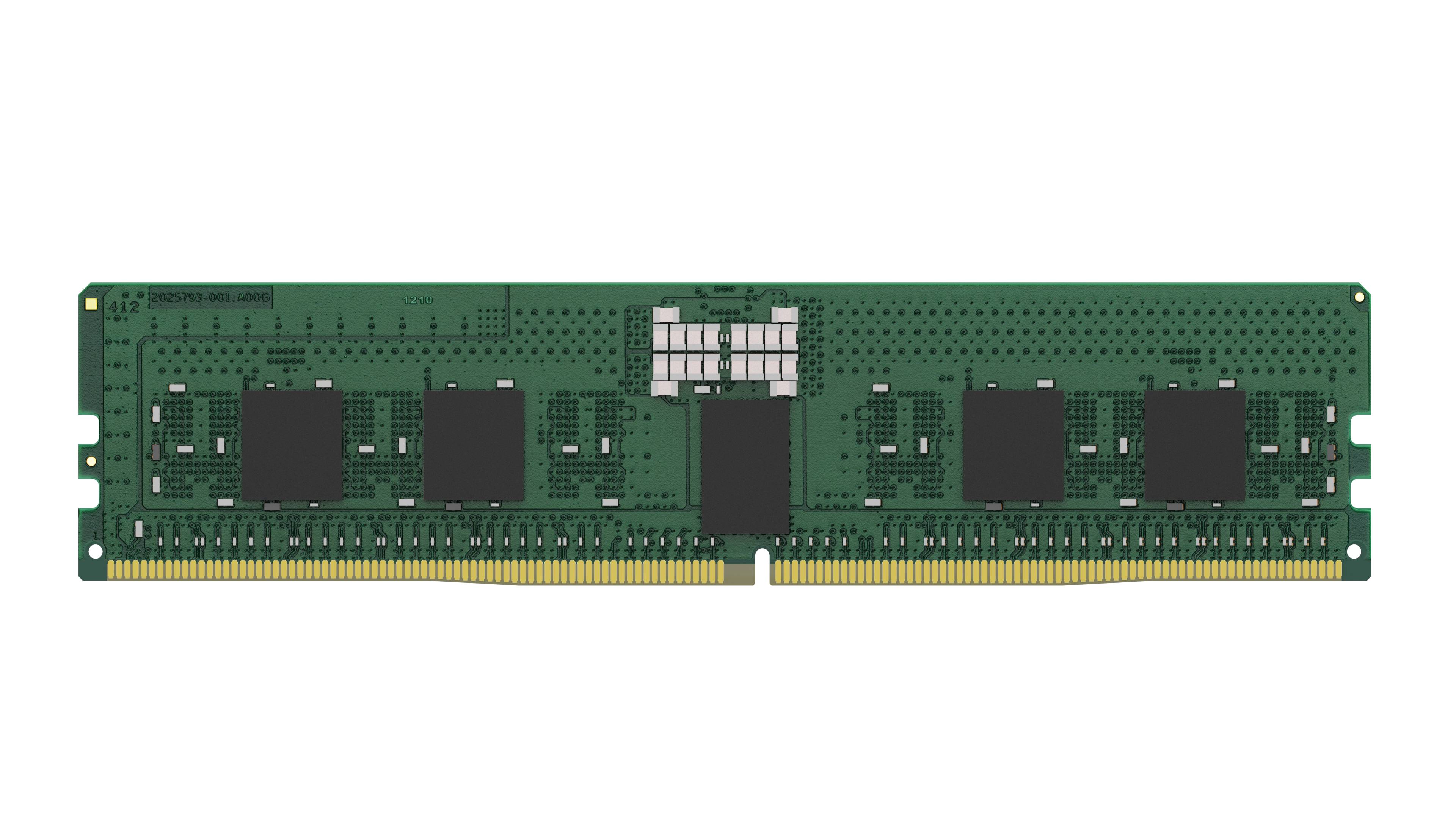 Grünes Computer-RAM-Modul mit mehreren schwarzen Speicherbausteinen und vergoldeten Steckerkontakten auf schwarzem Hintergrund.
