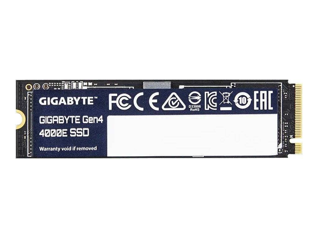 GIGABYTE Gen4 4000E SSD M.2 Solid-State-Laufwerk mit goldenem Stecker-Rand und Bereich mit entferntem Garantieetikett.