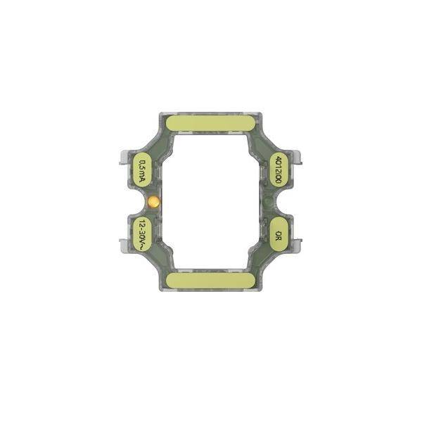 Das Bild zeigt einen kleinen, flachen, rechteckigen LED-Chip mit sechs gelben Lichtemissionsbereichen und beschrifteten Spezifikationen auf einem grauen Untergrund.