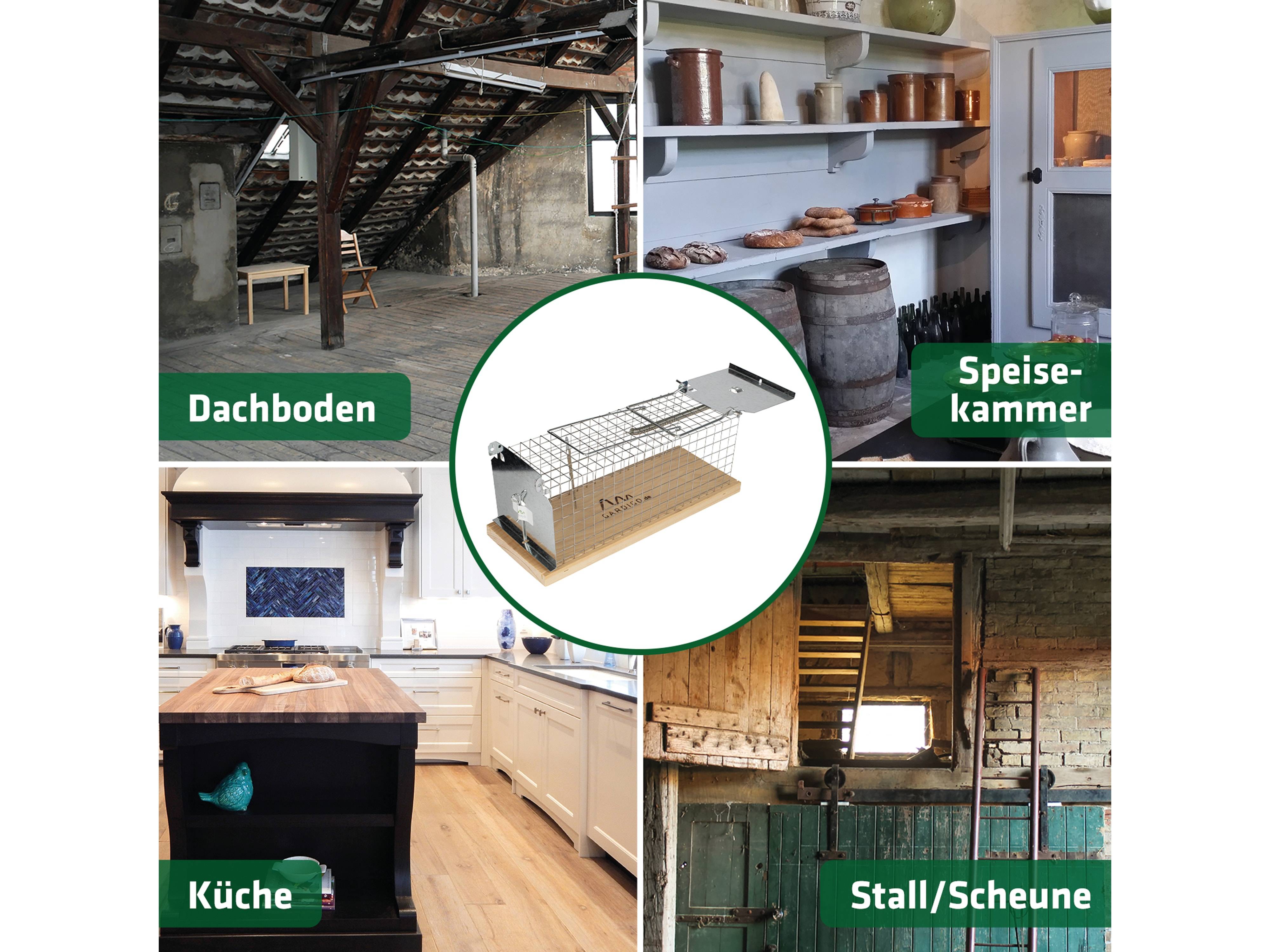 Das Bild zeigt vier beschriftete Bereiche: 'Dachboden' (Attic), 'Speisekammer' (Pantry), 'Küche' (Kitchen), und 'Stall/Scheune' (Stable/Barn), mit einem zentralen Bild einer Mausefalle.
