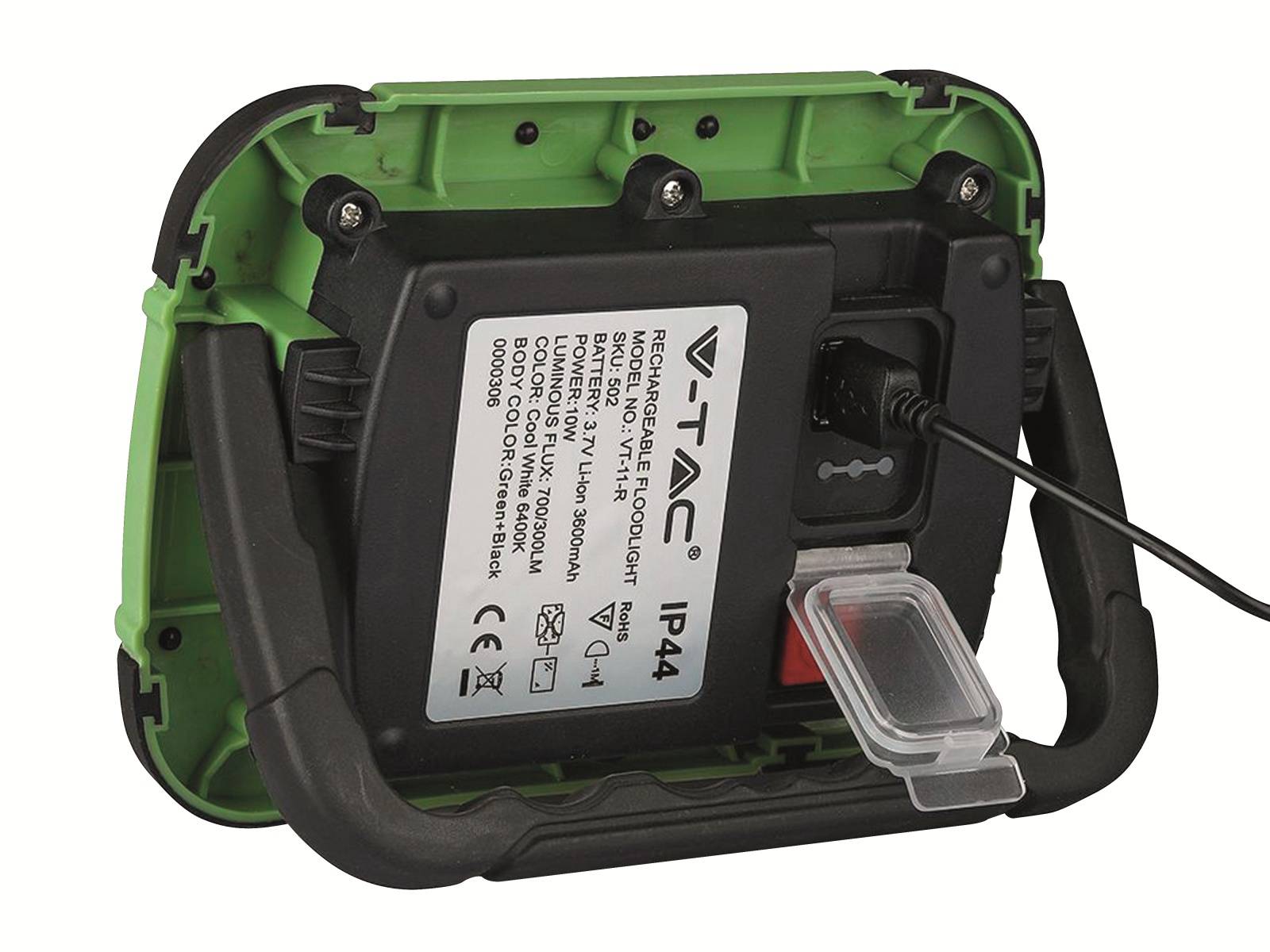 V-TAC LED-Fluter VT-11-R, 10 W, 700 lm, 6400 K, Akkubetrieb, grün/schwarz