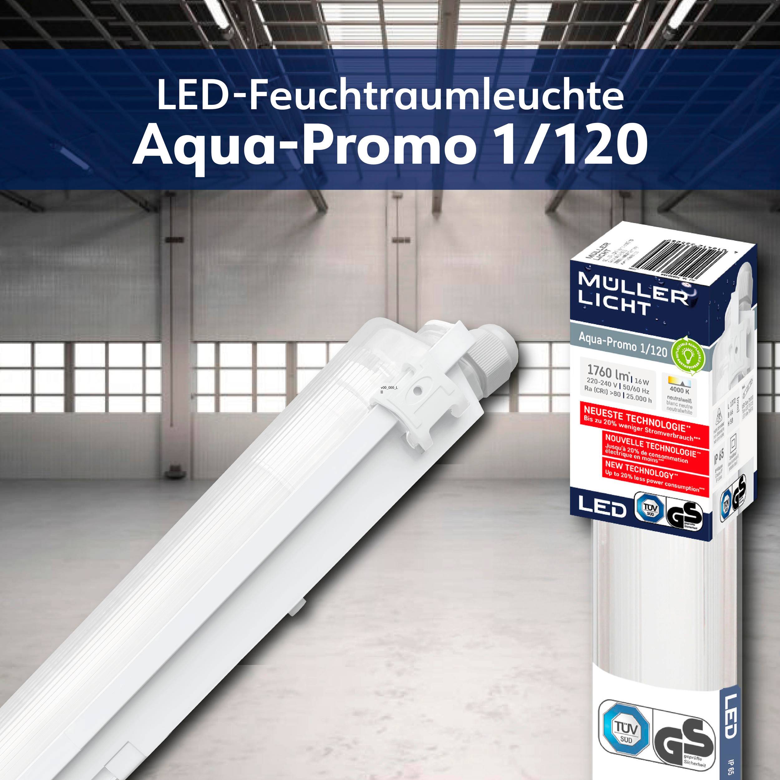 MÜLLER-LICHT LED-Feuchtraum-Wannenleuchte AQUA-PROMO 1/120, 16 W, 1680 lm, 4000 K, 1272 mm
