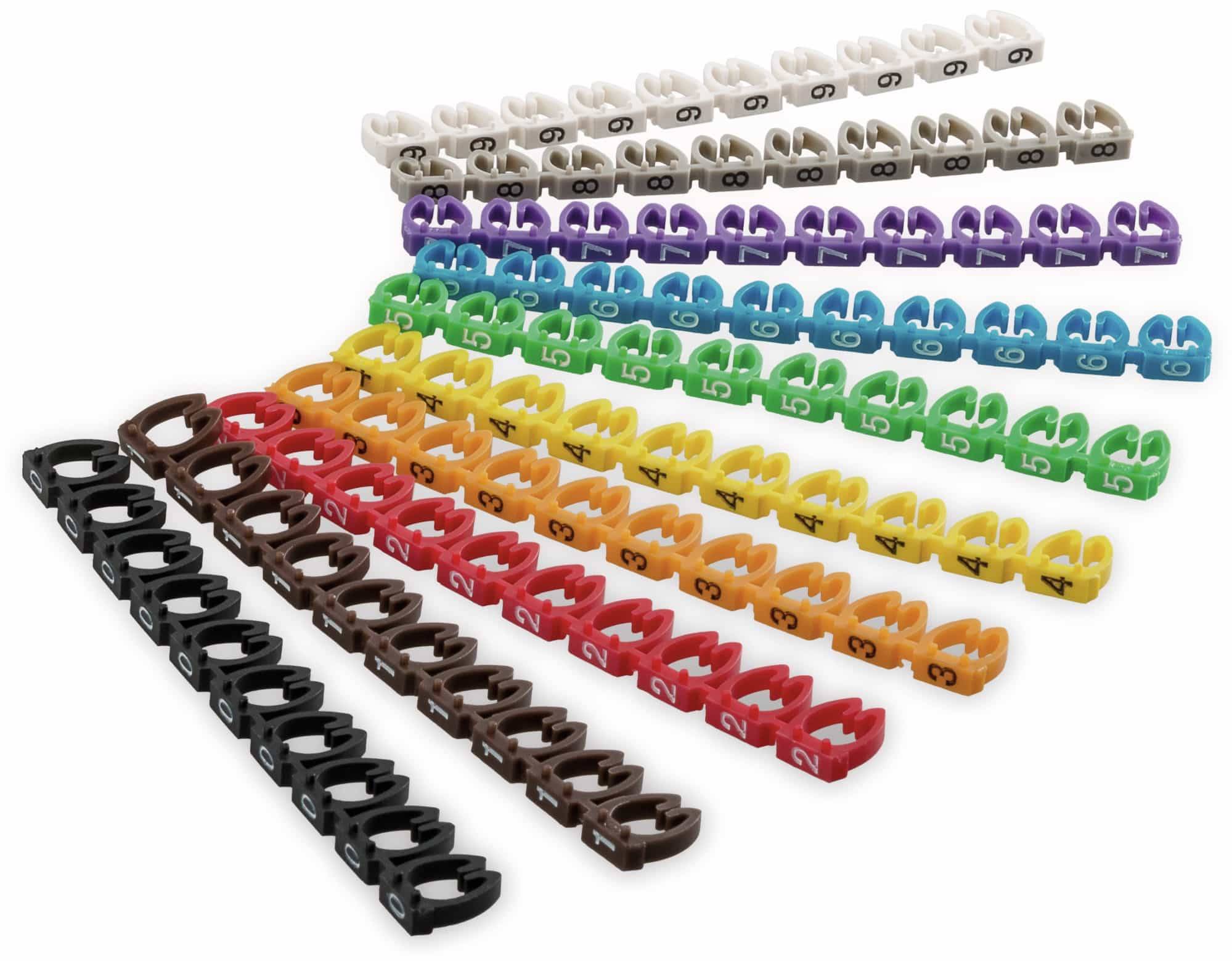 Reihen von farbigen Kunststoff-Zahlenklemmen, die sequenziell von 0 bis 9 in einer Vielzahl von Farben angeordnet sind, darunter Weiß, Lila, Blau, Grün, Gelb, Orange, Rot und Schwarz.
